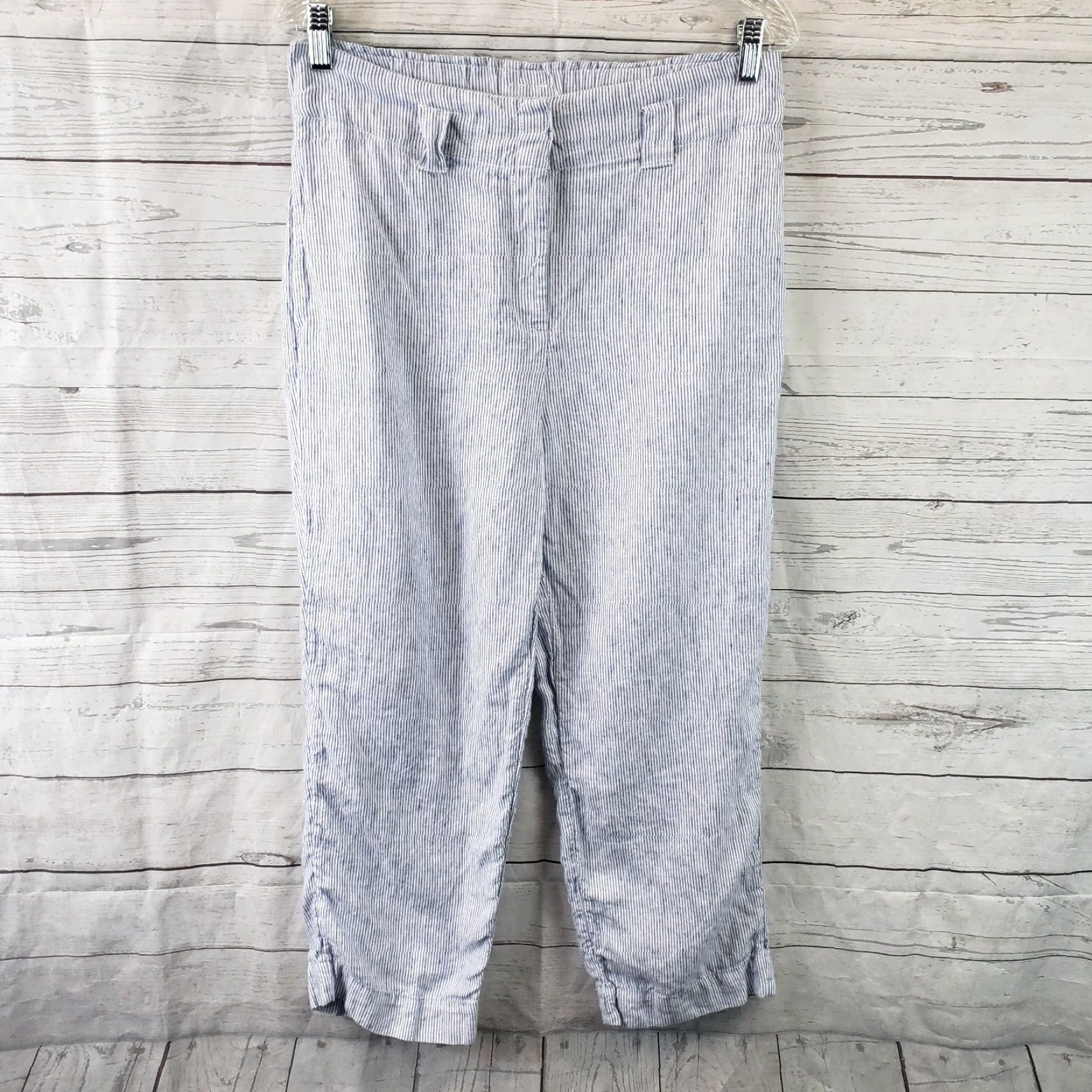 Vintage Chicos Womens Cropped Linen Pants Sz 6 Blue White Stripe High Rise Pants Size 28" / US 6 / IT 42 - 2 Thumbnail