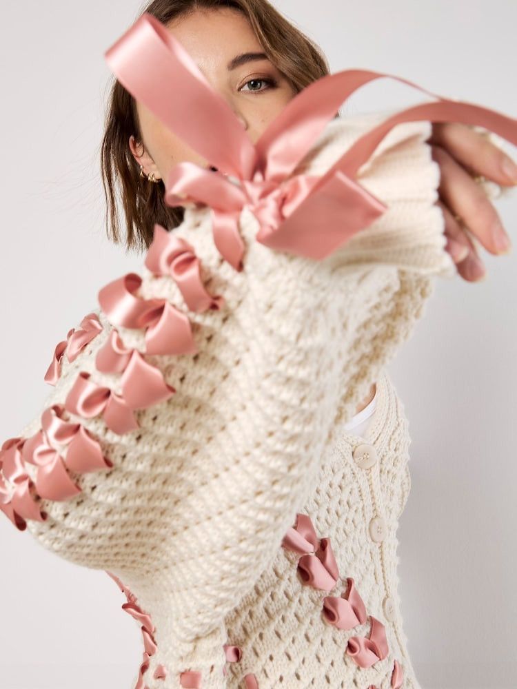 Handmade Handmade Knit Rose Ribbons Crop Cardigan Women's Plus 1X Size XL / US 12-14 / IT 48-50 - 6 Thumbnail