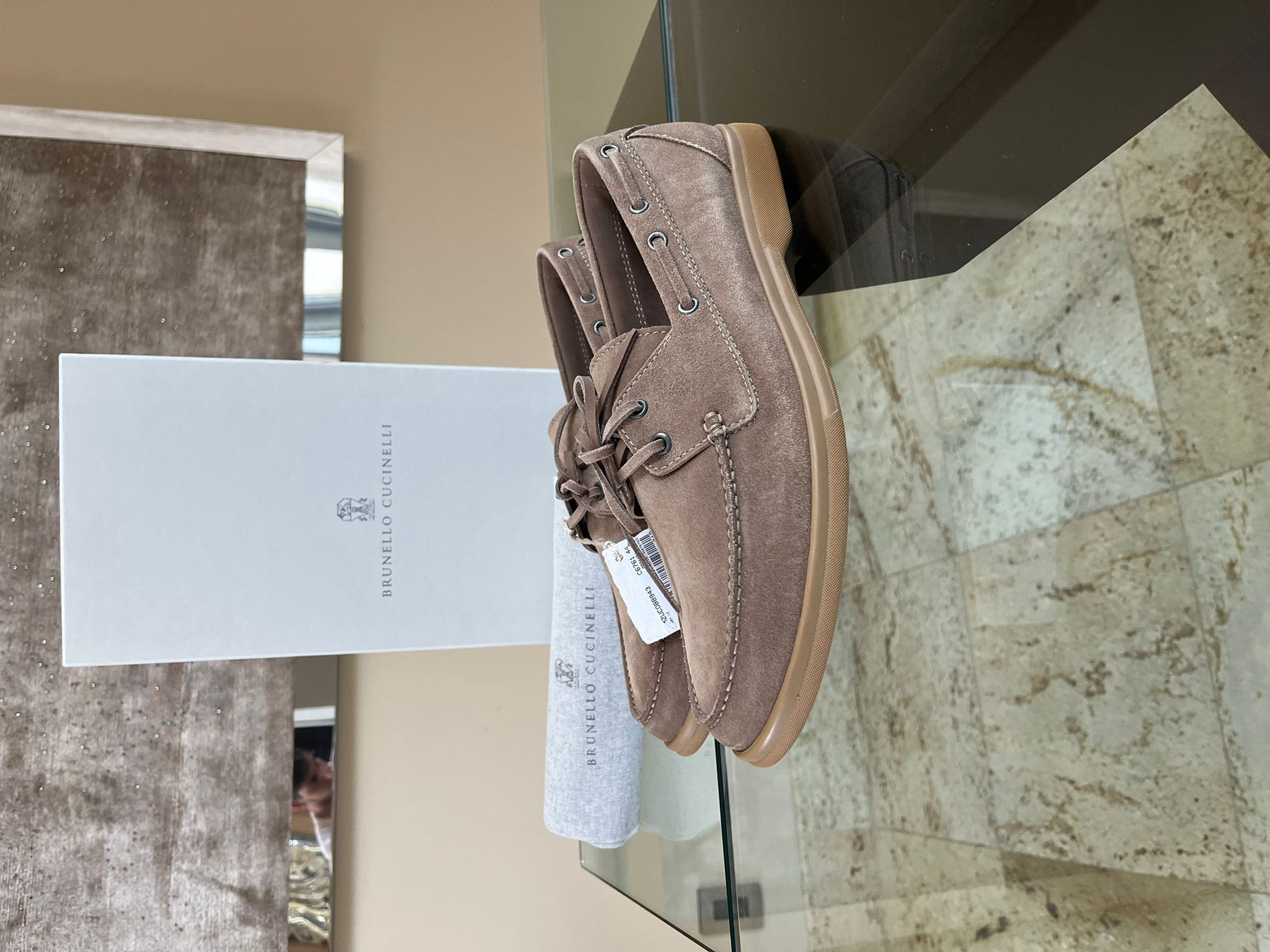 image of Brunello Cucinelli Suede Boat Shoes In Beige/ Brown in Beige/Brown, Men's (Size 11)