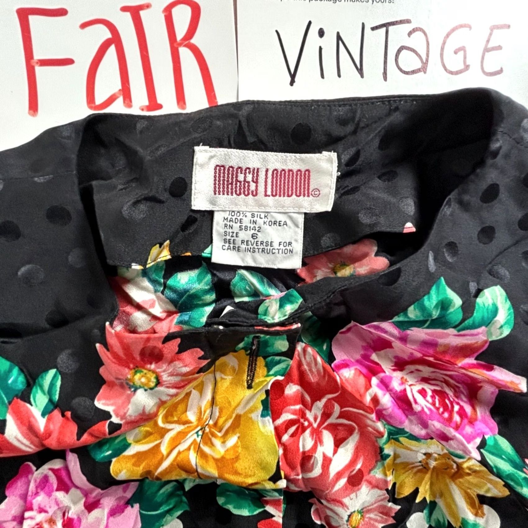 MAGGY LONDON VINTAGE Maggy London Blouse Womens 100% Silk Floral Polka Dot Black Multi Size 6 Size M / US 6-8 / IT 42-44 - 3 Thumbnail