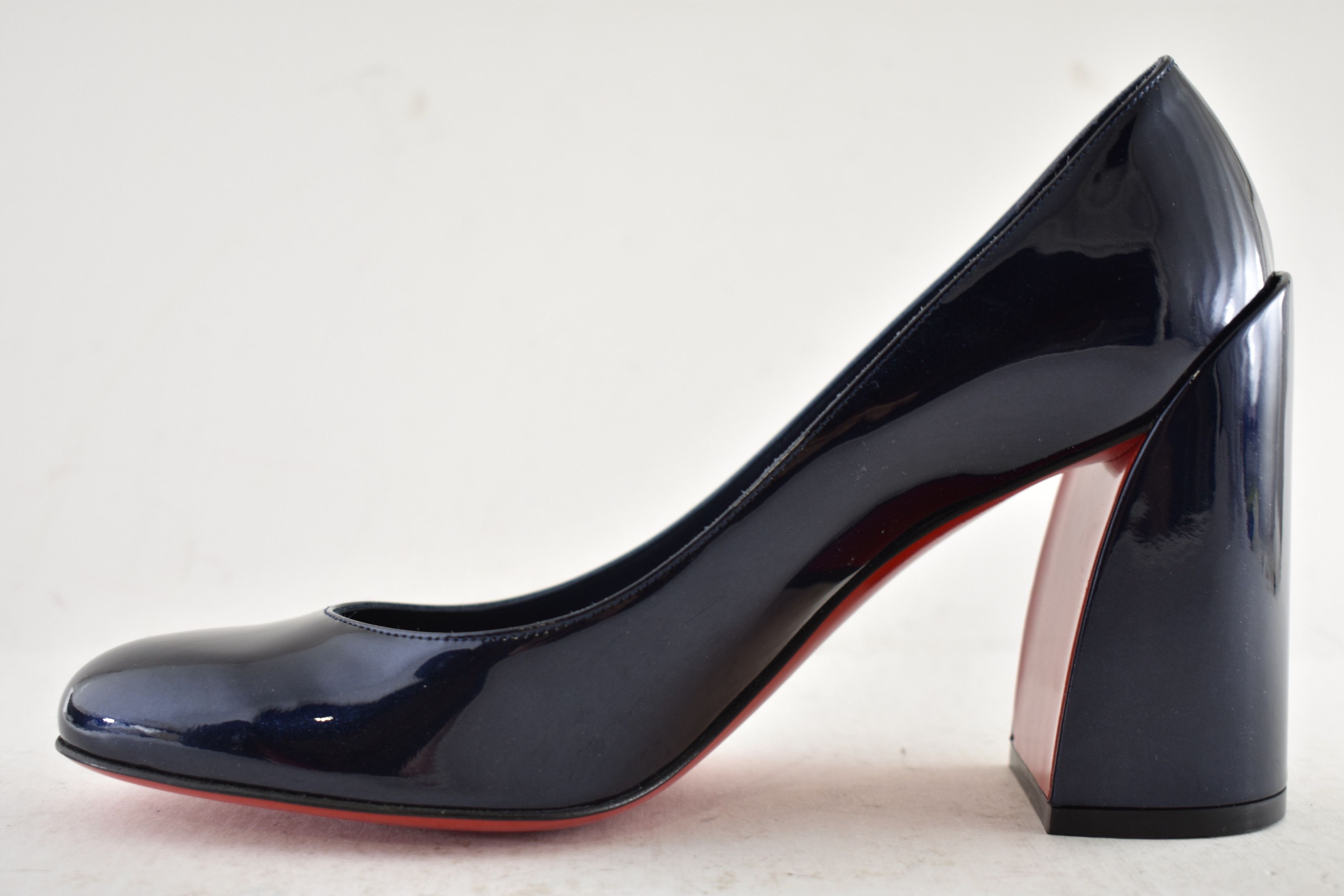 Christian Louboutin Miss Sab 85 Zaffiro Navy Blue Patent Block Heel Pump 37 Size US 7 / IT 37 - 13 Thumbnail