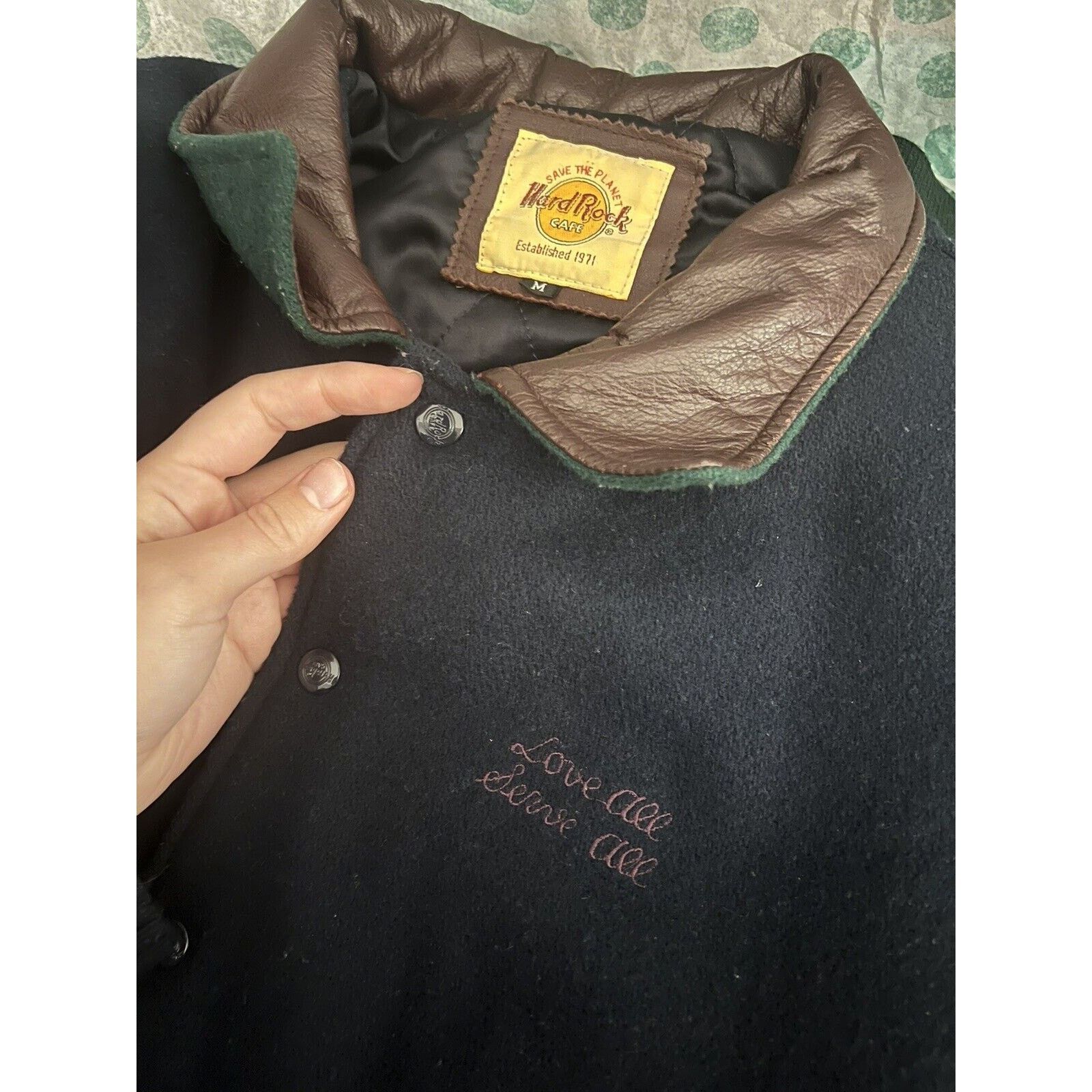 Hard Rock Cafe Hard Rock Cafe Paris Bomber Jacket Brown Leather Navy Blue Size US M / EU 48-50 / 2 - 3 Thumbnail