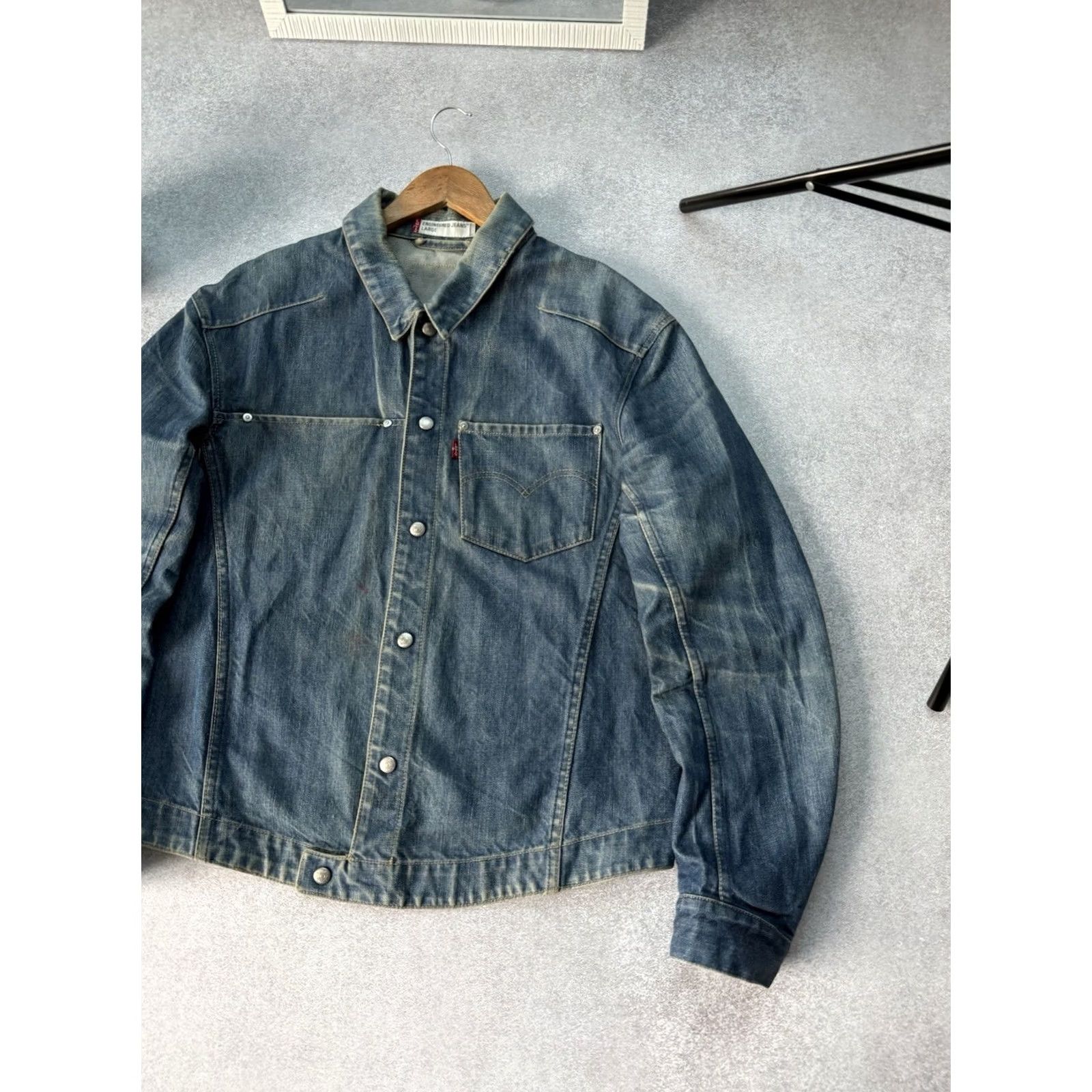 Denime VINTAGE Levis Engineered Jeans 90s Button Up Denim Jacket Men L Blue Denim Jacket Bomber Style Casual Streetwear 90s Mens Button Up Pockets Size US 33 - 3 Thumbnail
