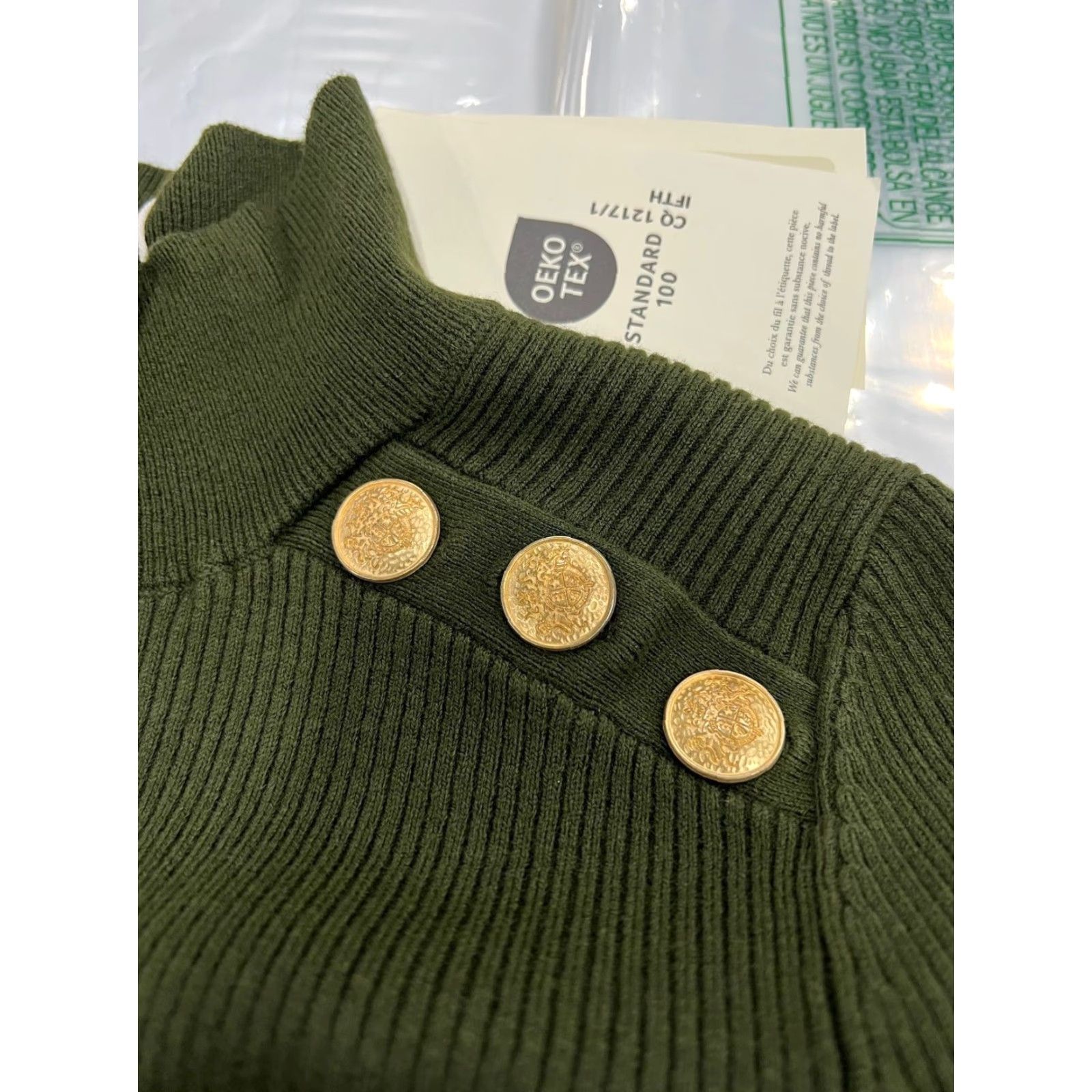 SEZANE Erine Rib Knit Dress Women's L Green Midi Long Sleeve High Neck  Casual Sheath Pattern