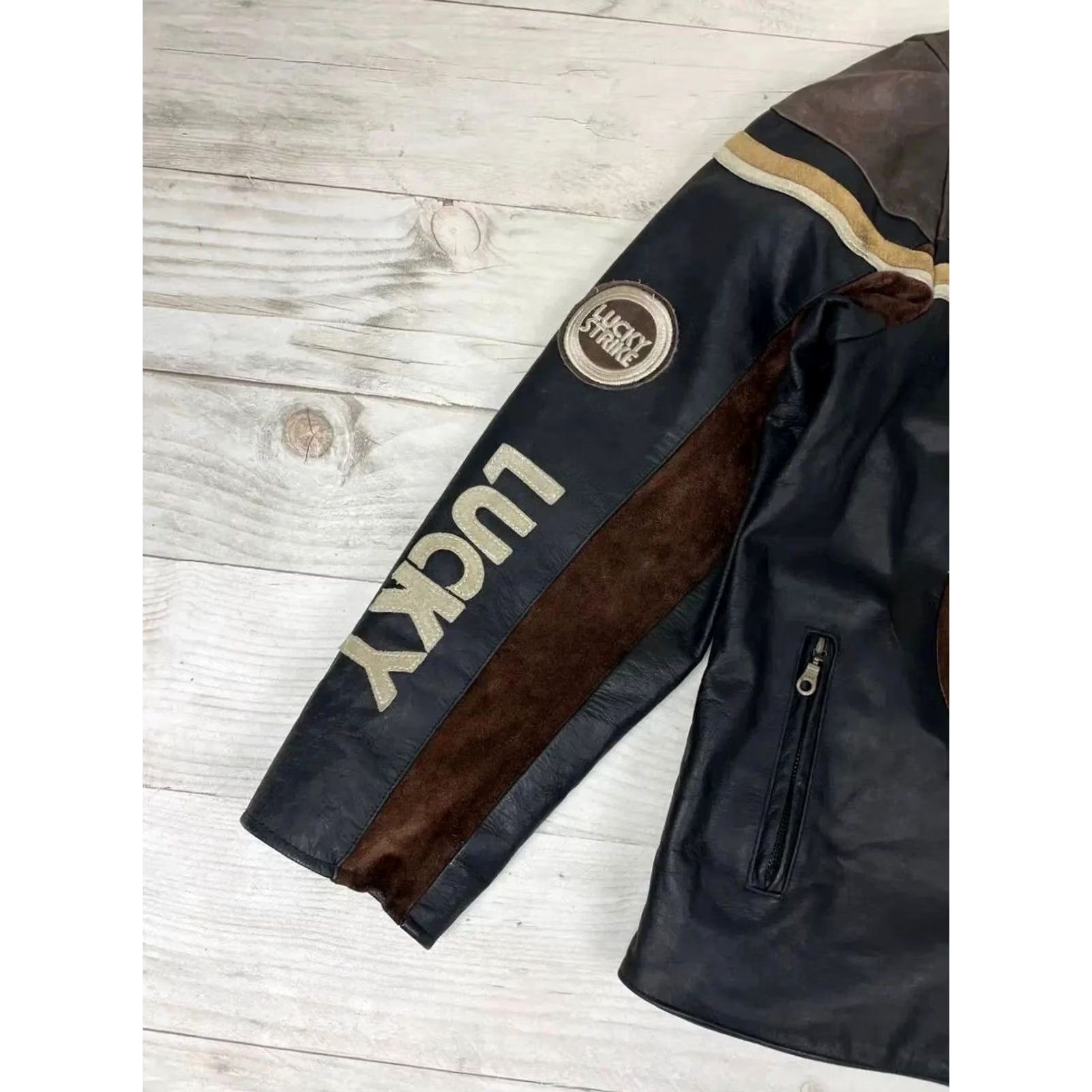 Lucky Brand VINTAGE Lucky Strike 90s Racing Leather Jacket Men XL Black Brown Motorcycle Racing F1 90s Size US XL / EU 56 / 4 - 5 Thumbnail