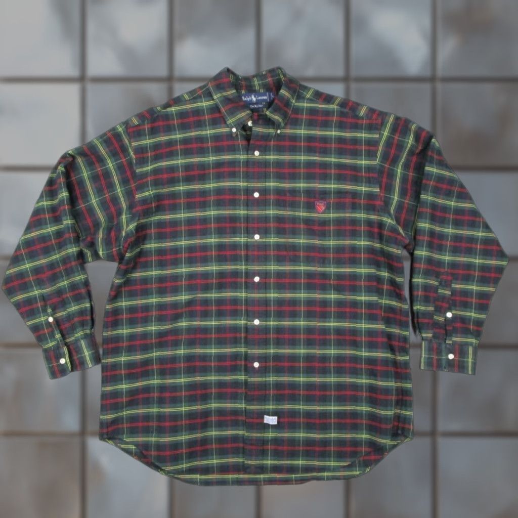 Ralph Lauren VINTAGE Ralph Lauren Shirt Mens Large Green Tartan Plaid Button-Up Shield Logo Big & Tall Size US L / EU 52-54 / 3 - 1 Thumbnail