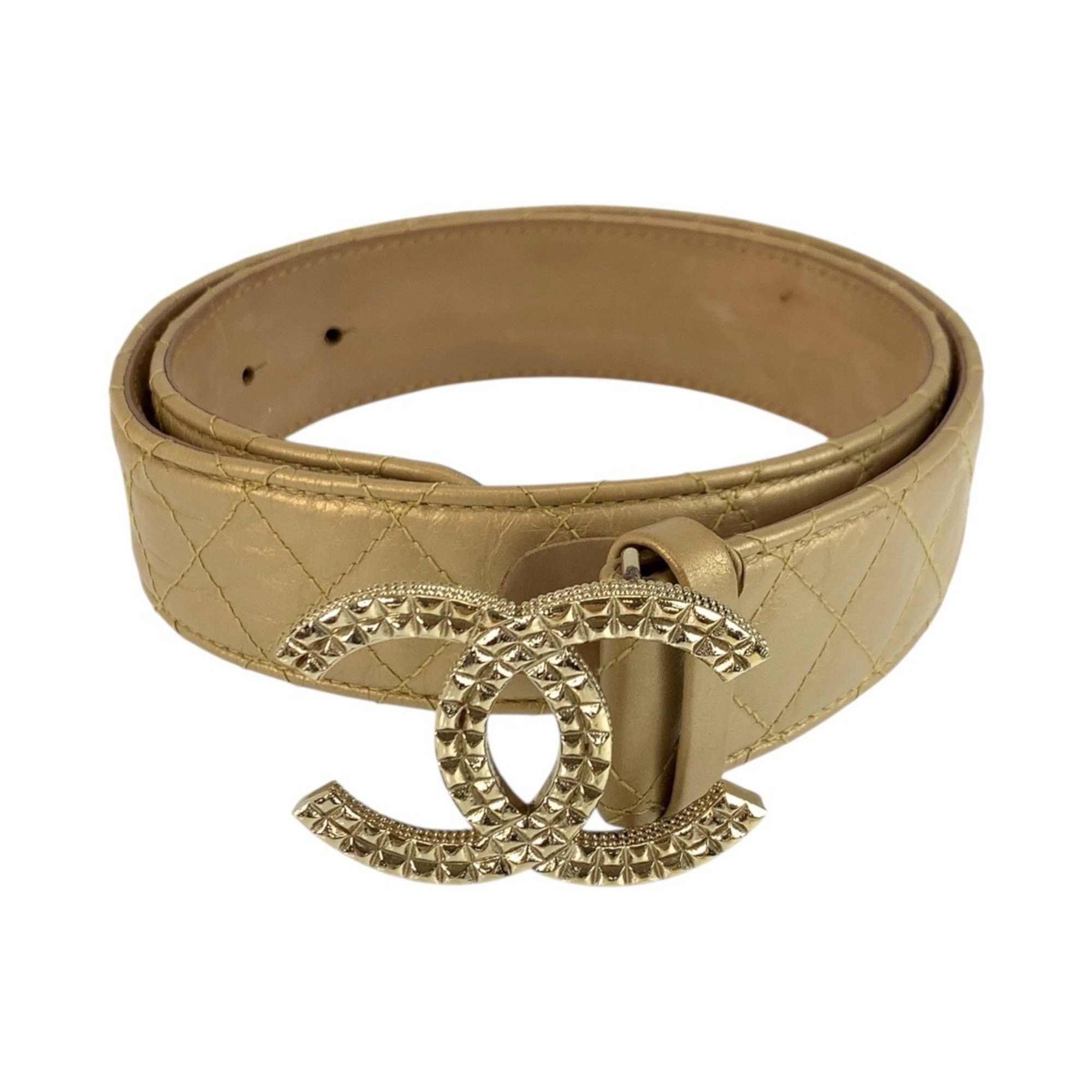 CHANEL Coco Mark 30-inch 75cm Gold Beige Leather Belt for Women