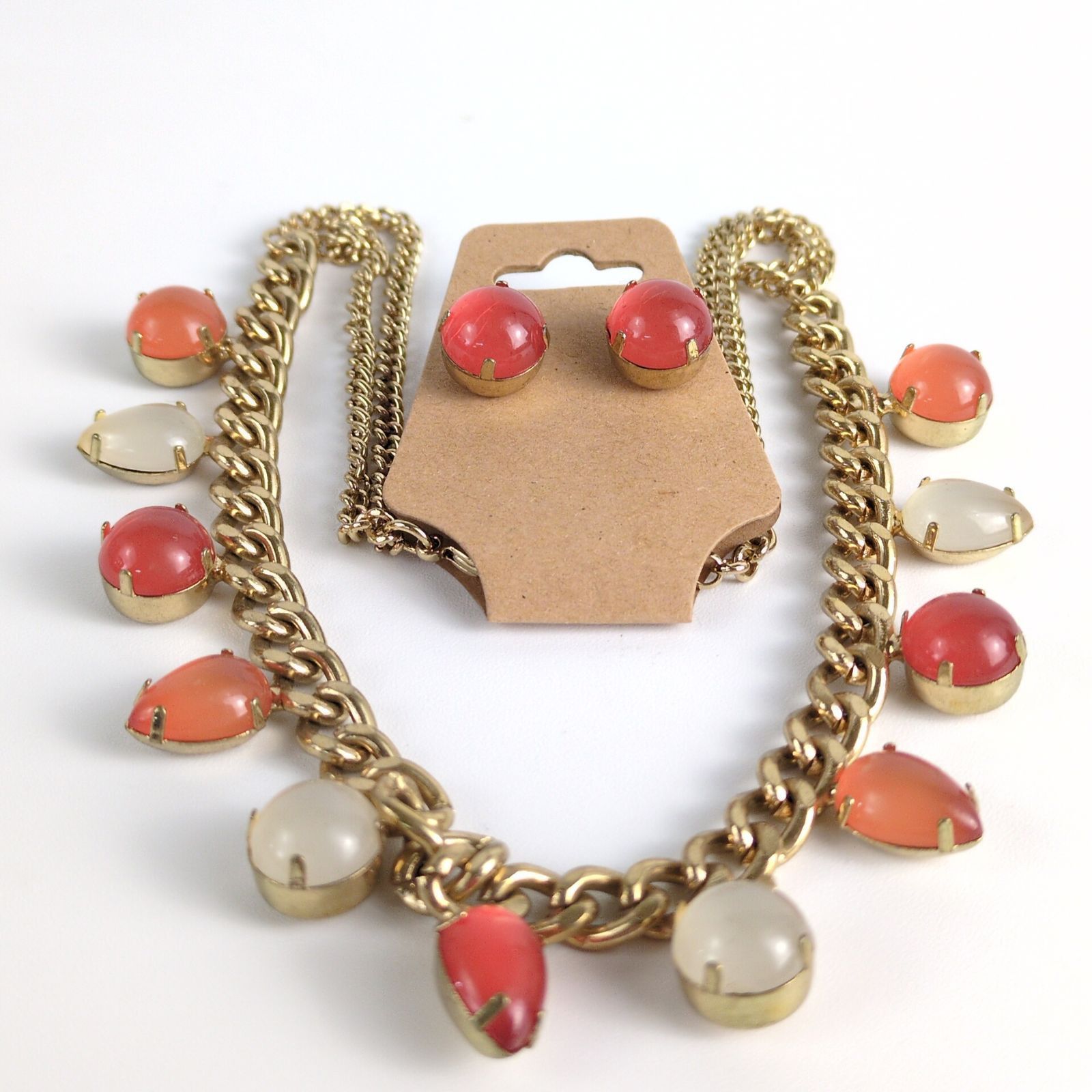 Vintage Peach & White Moonstone Goldtone Chain Necklace Earring Set Size ONE SIZE - 2 Thumbnail