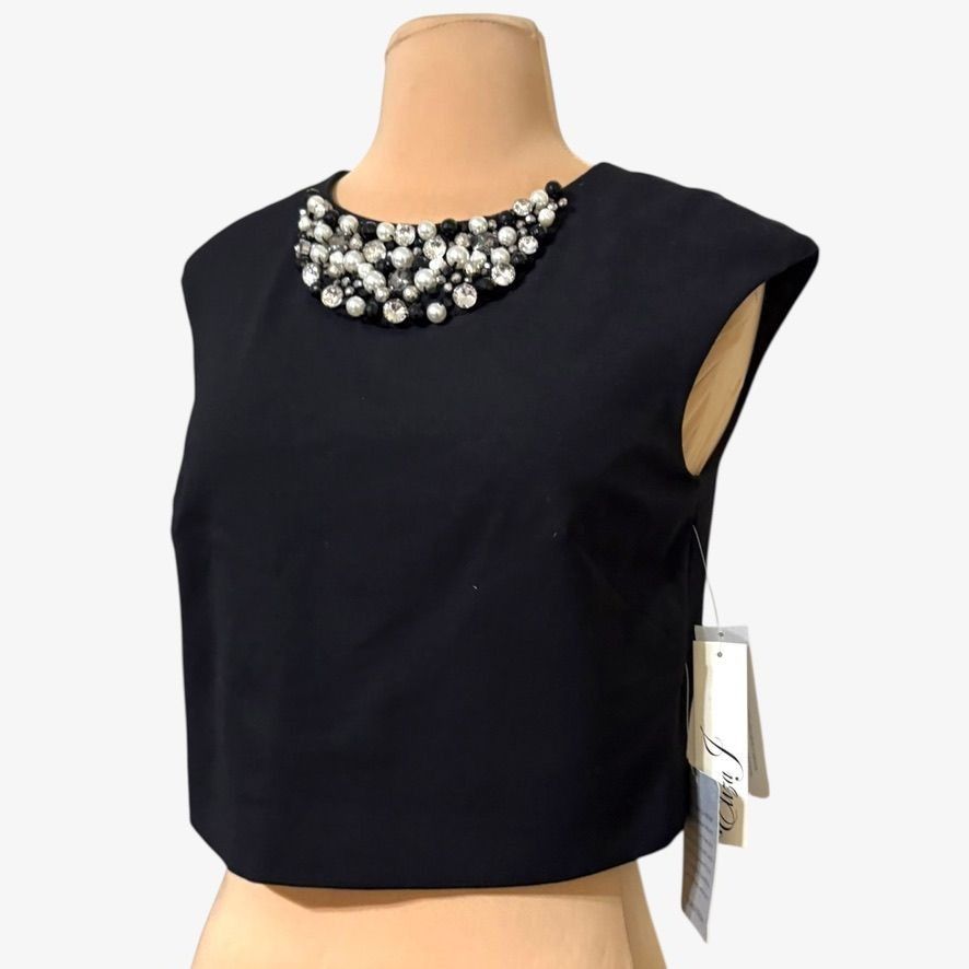 Other NWT Eliza J Embellished Pearl Jewels Crop Top 4 Black NEW Pa Size S / US 4 / IT 40 - 4 Thumbnail