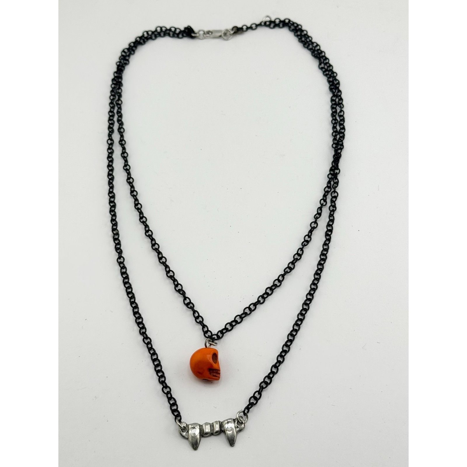 Vintage Orange Howlite stone skull rhinestone fangs double chain Hal Size ONE SIZE - 1 Thumbnail
