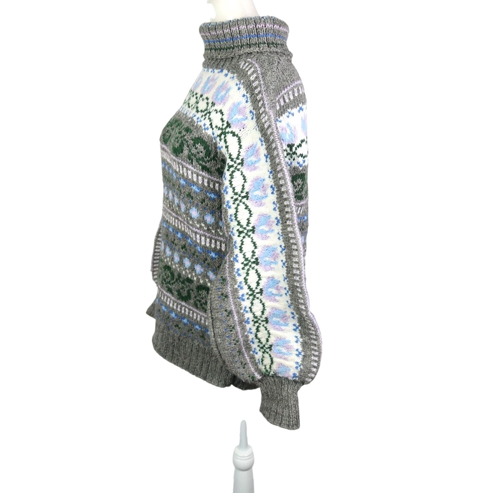 Vintage VINTAGE Grey Wool Fair Isle Turtleneck Sweater Nordic Scandinavian S Women Pullover 80s Bohemian Long Balloon Sleeve Wool Millfall? Size S / US 4 / IT 40 - 3 Thumbnail