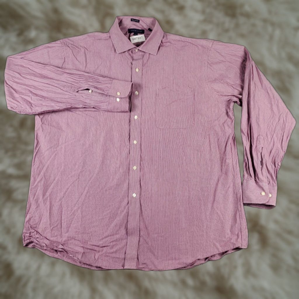 Tommy Hilfiger Tommy Hilfiger Dress Shirt Mens 17.5 Purple Striped Long Sleeve Button Up Classic Preppy Size 46R - 1 Thumbnail