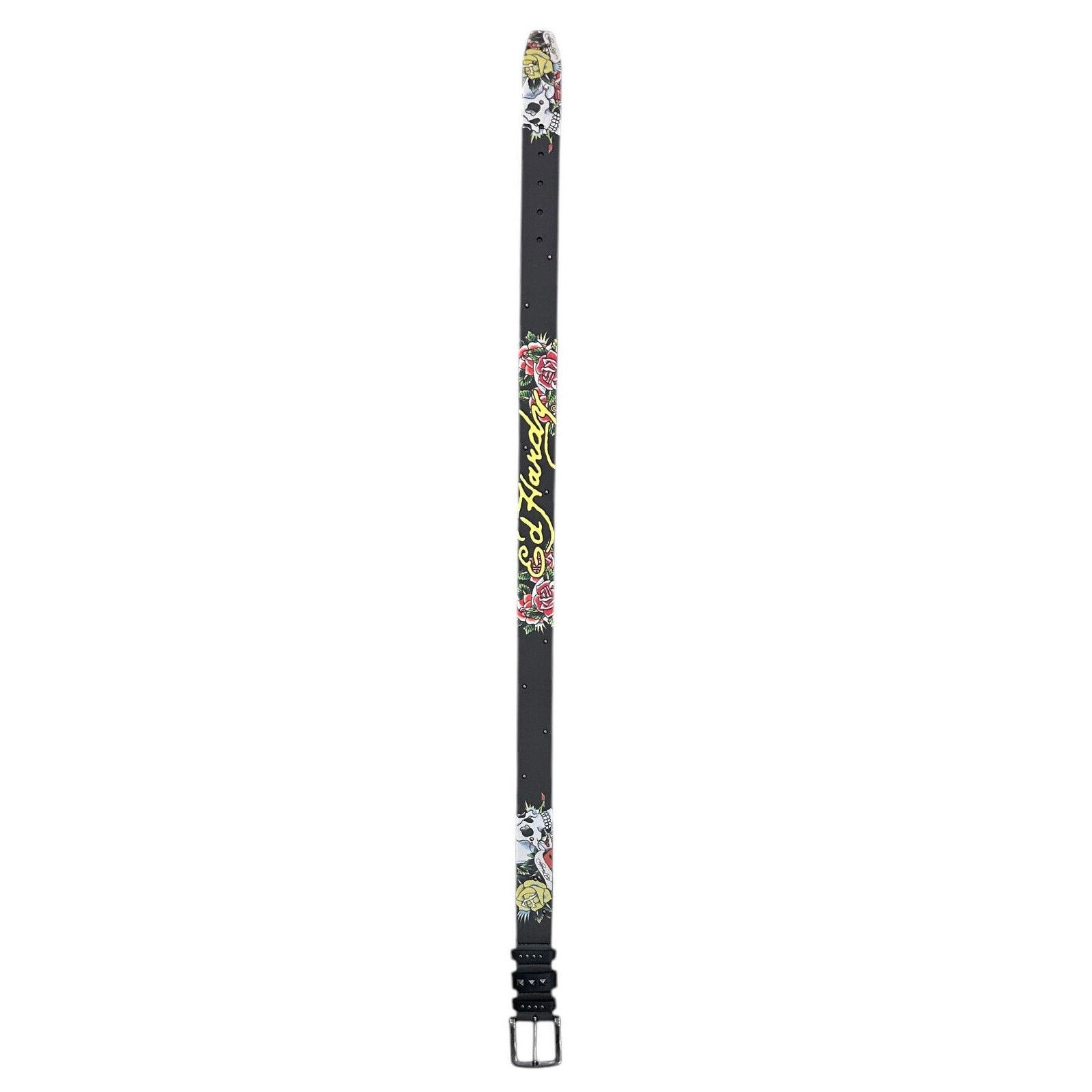 Ed Hardy Ed Hardy Men's Skull Rose Print Black Belt With Rivet Studs Size 38 - 2 Thumbnail