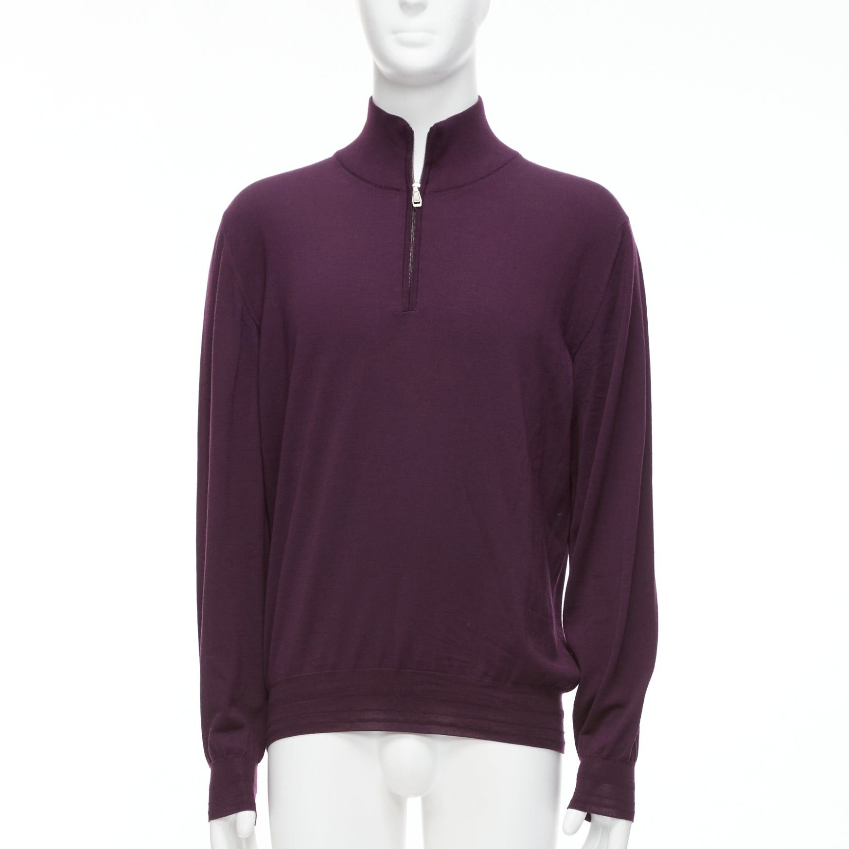 Brioni BRIONI 100% wool eggplant purple silk trimmed half zip long sleeve sweater Size US M / EU 48-50 / 2 - 1 Thumbnail
