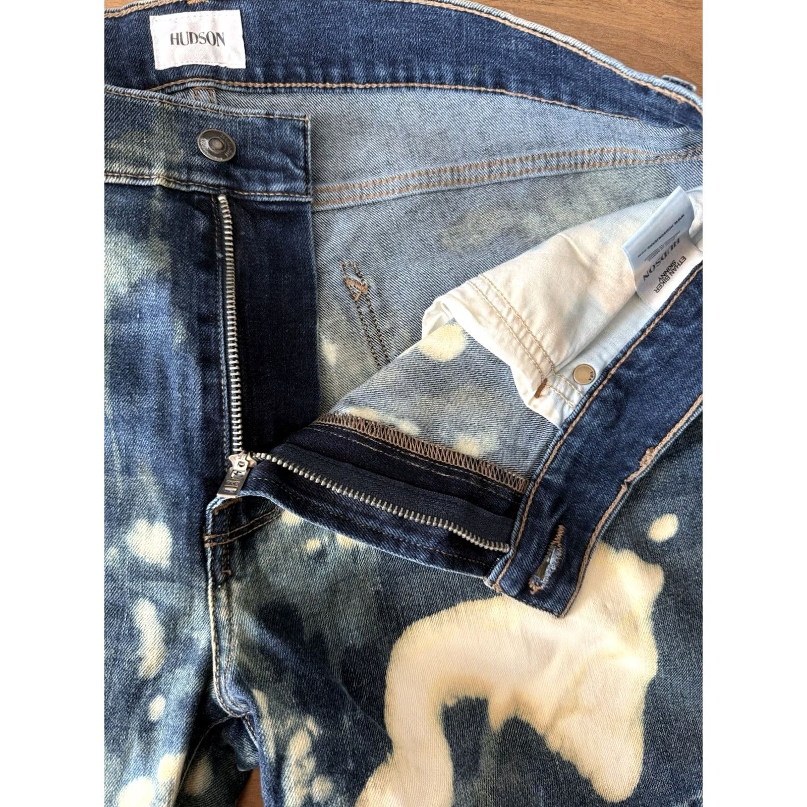 Hudson VINTAGE Hudson Ethan Biker Skinny Moto Jeans Mens 36 (Measures 38x30.5) Raw Hem Splatter Blue Denim Cotton Size US 36 / EU 52 - 6 Thumbnail