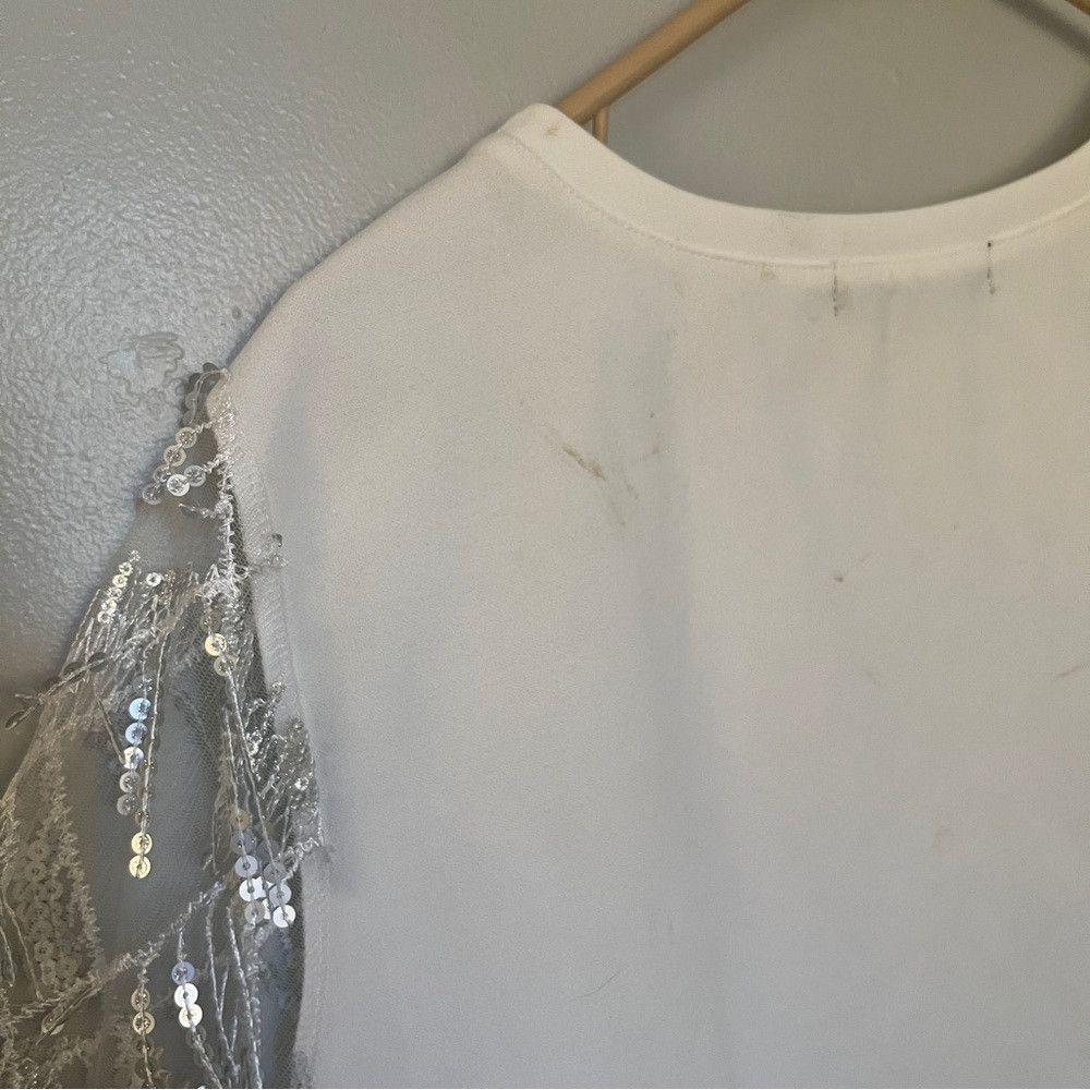 Designer Allegra K Women's Glitter Crop Top Short Sleeves White Large Size XL / US 12-14 / IT 48-50 - 7 Thumbnail