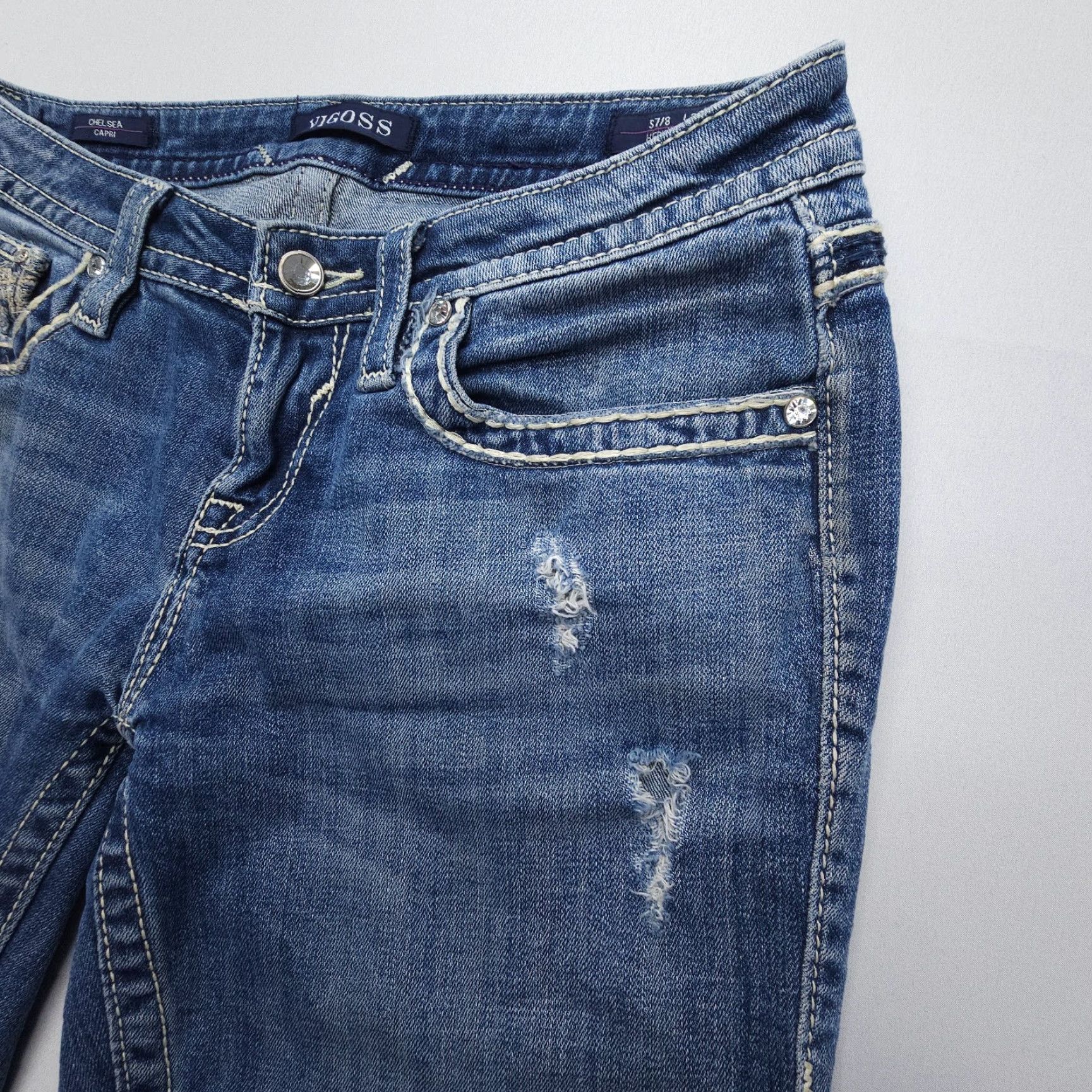 Vintage VIGOSS Chelsea Capri Heritage Fit Size 8 Denim Jeans Women Low 5-Pocket Pockets Blue Embroidered Rhinestone Size ONE SIZE - 5 Thumbnail
