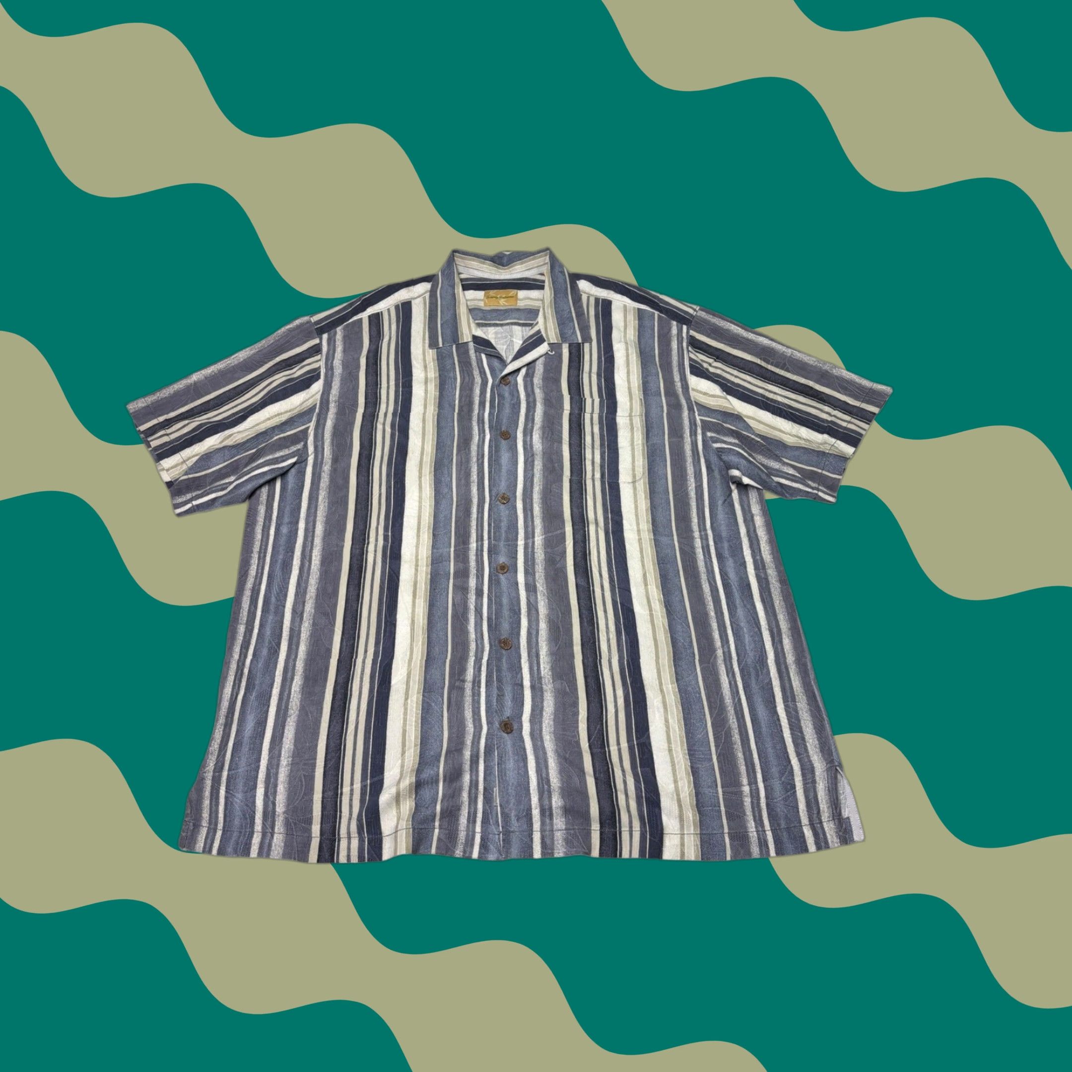 Tommy Bahama Tommy Bahama Mens XL Silk Camp Shirt Blue Grey Striped Floral Jacquard Button Up Size US XL / EU 56 / 4 - 1 Thumbnail