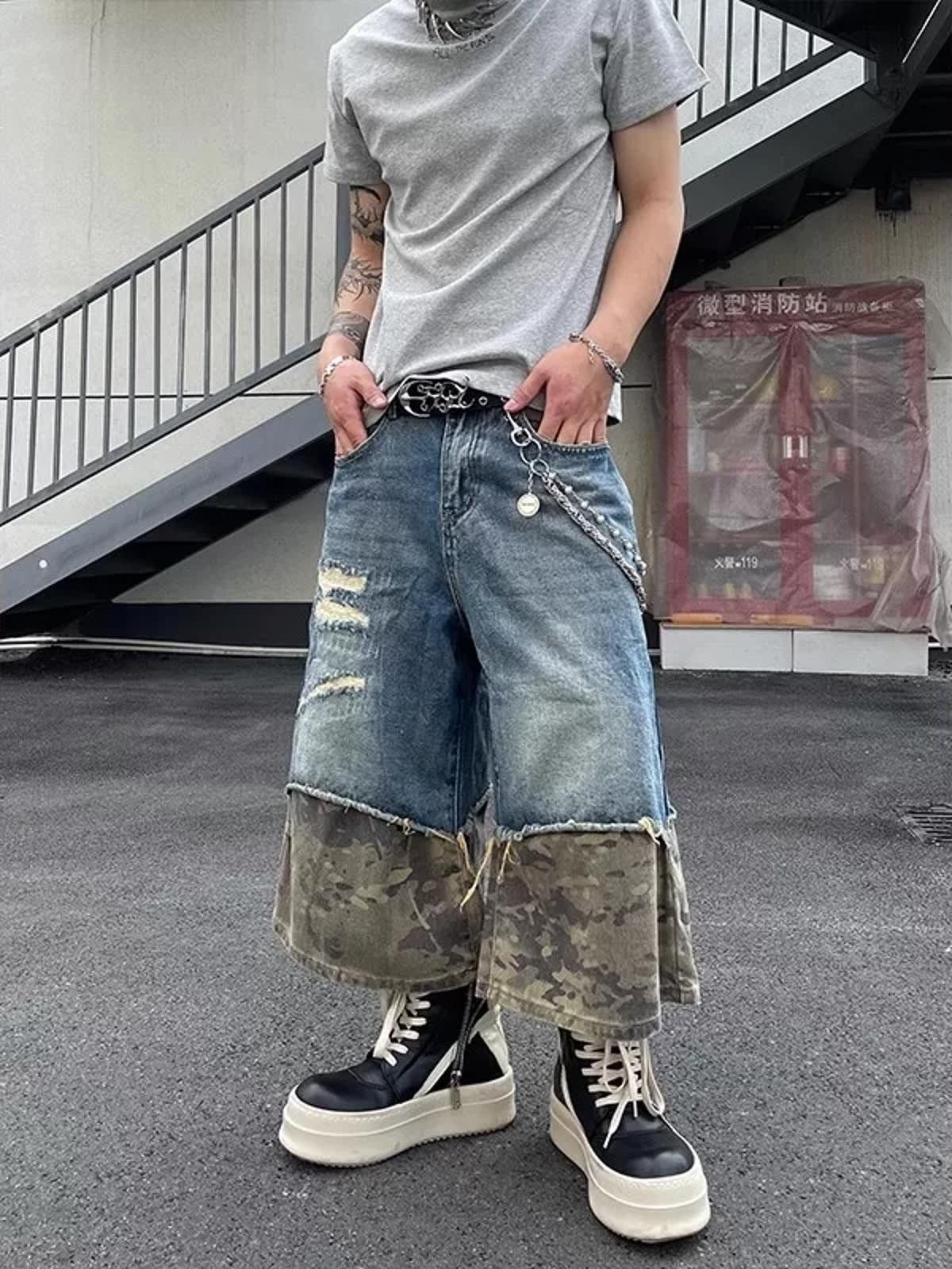 Jean Camo-Splice Distressed Wide-Leg Denim Jorts Size US 30 / EU 46 - 5 Thumbnail