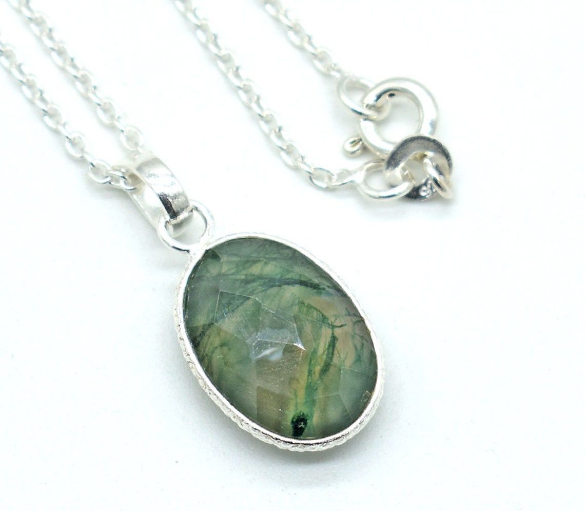 Handmade Natural Moss Agate 925 Sterling Silver Necklace - 18 Inch Size ONE SIZE - 3 Thumbnail