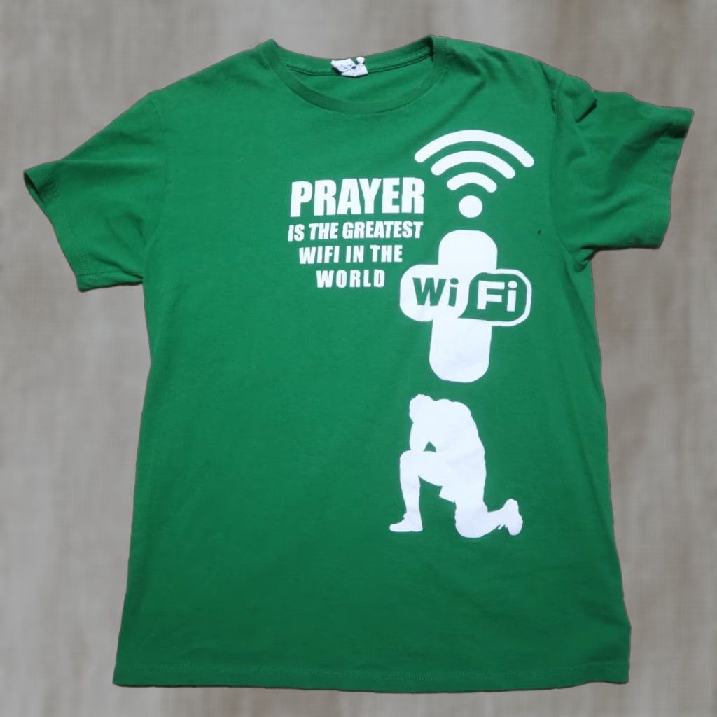 Vintage VINTAGE No — Prayer Is The Greatest WIFI In The World Shirt Mens M Green Comical Shirt Casual Cotton Printed In USA 2000s Size US M / EU 48-50 / 2 - 1 Thumbnail