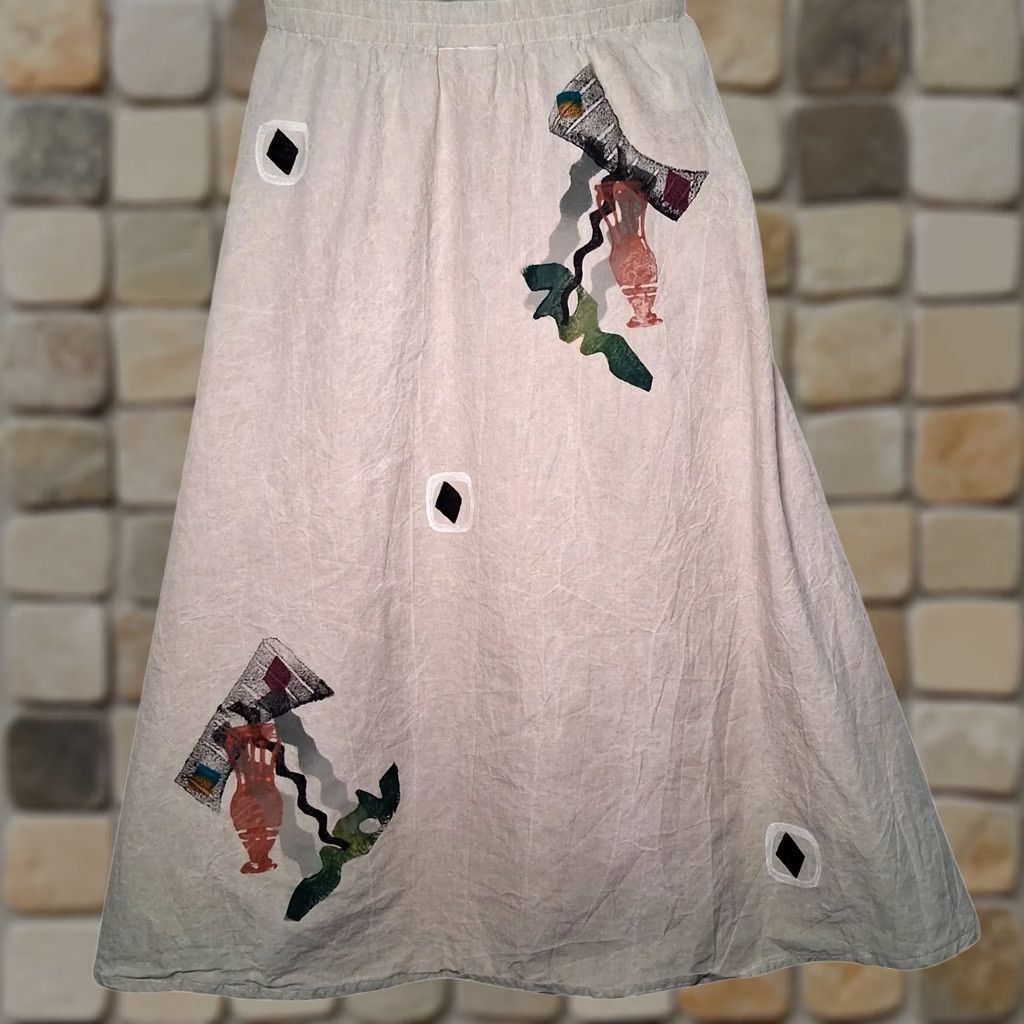 Vintage Play Alegre Skirt S Natural Hand Painted Wearable Art To Wear Lagenlook Artsy Size 28" / US 6 / IT 42 - 1 Thumbnail