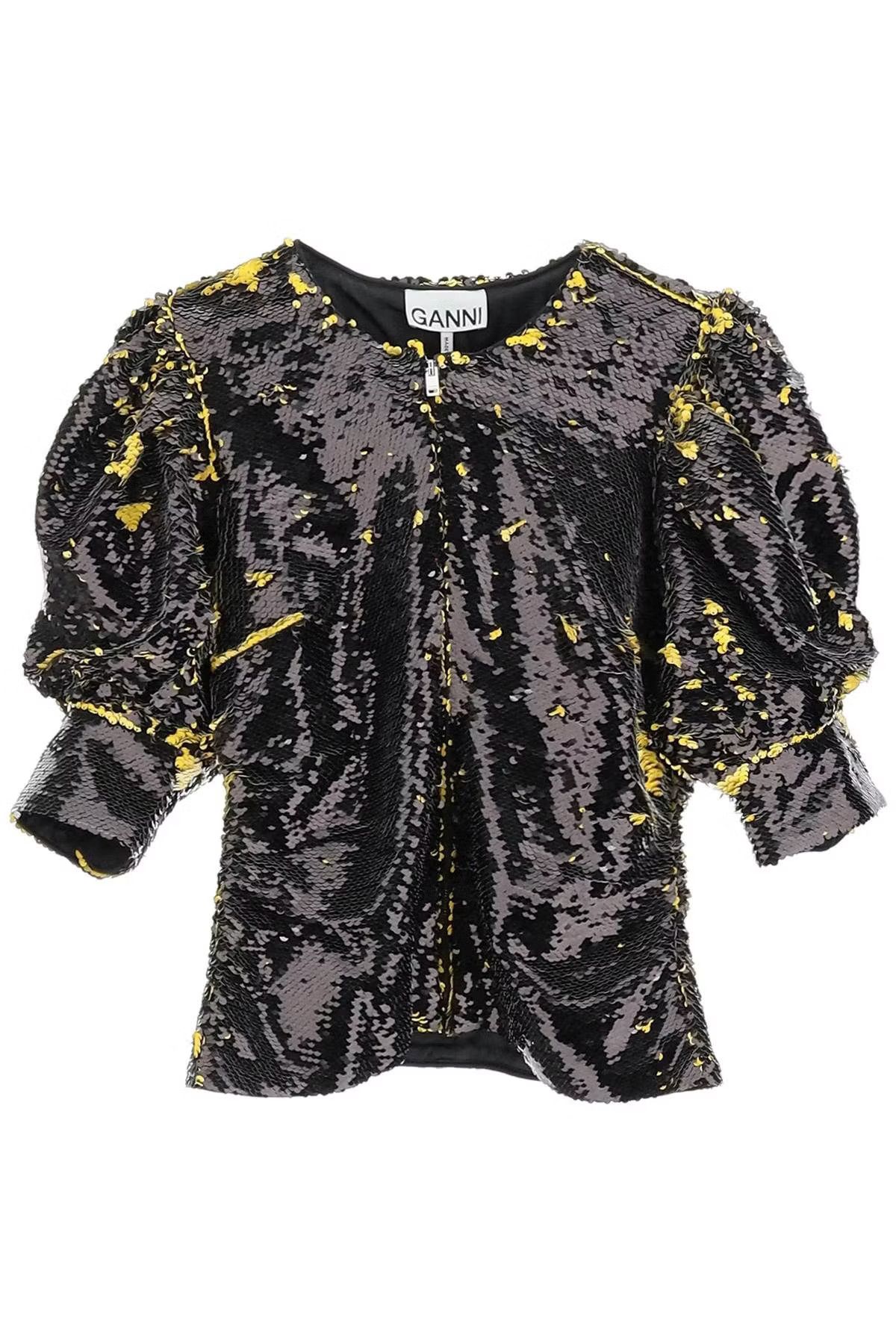 image of Ganni O1S22I1N0524 Two Tone Sequin Top In Black Yellow, Women's (Size Small)