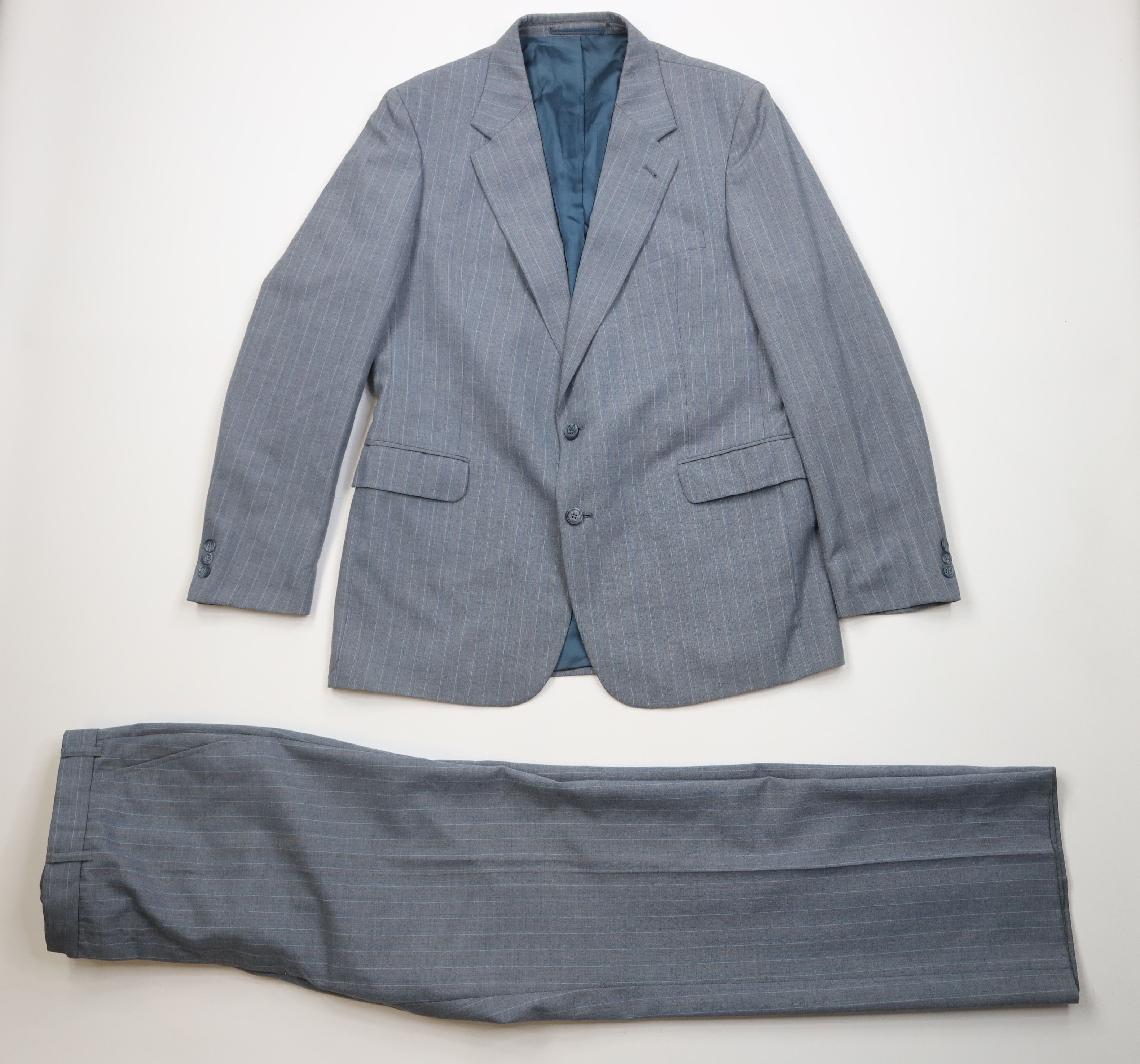Vintage Vintage 70s 2 Piece Wool Suit Wedding Blue Striped Size 44L - 1 Thumbnail