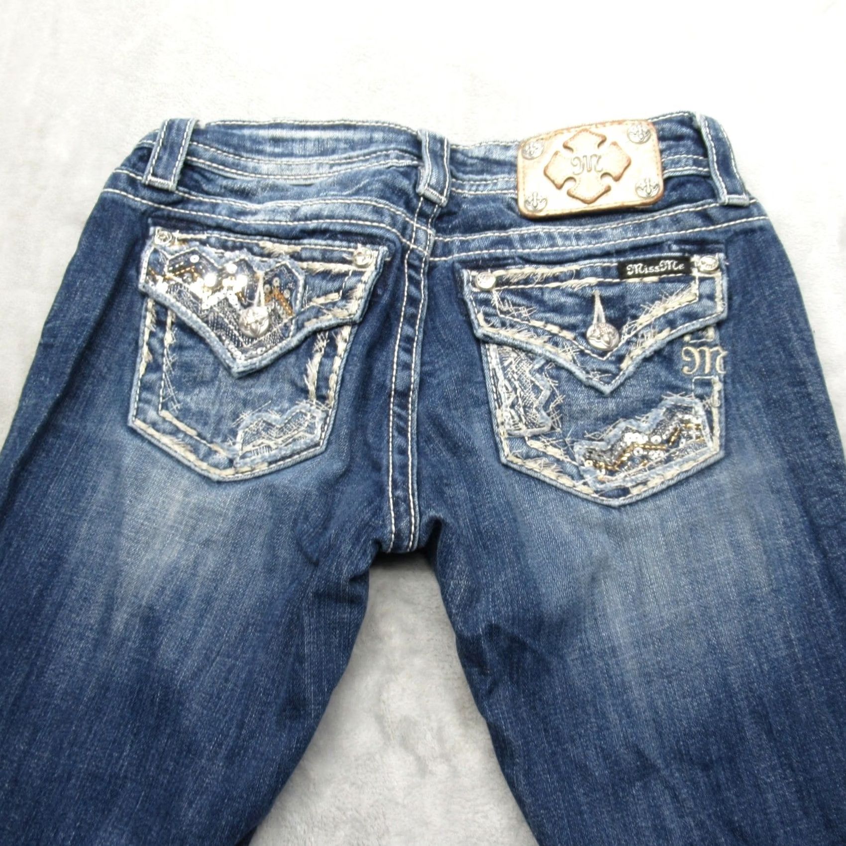 Miss Me Miss Me Jeans Women Bootcut Denim 28x32 Dark Blue Embroidered Rhinestone Pockets Stretch Comfort Relaxed Baggy Leadin Size 28" / US 6 / IT 42 - 7 Thumbnail
