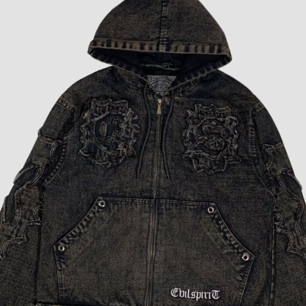 14th Addiction 🌑 Flowris gothic punk style washed denim jacket Size US M / EU 48-50 / 2 - 3 Thumbnail