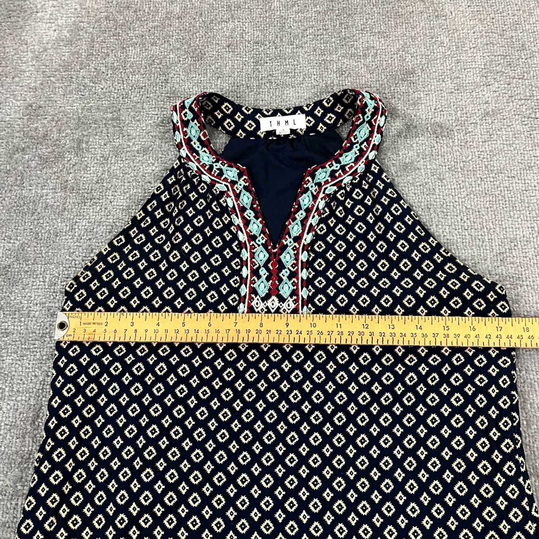 THML Dress Womens Small Faye BOHO Dark Blue 32\" Mini Shift Embroidered  Lined