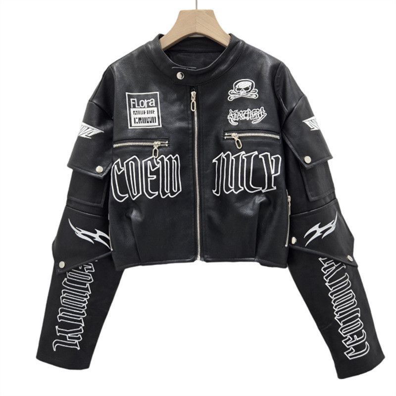 Japanese Brand letter embroidery motorcycle wear PU leather jacket Size L / US 10 / IT 46 - 1 Thumbnail