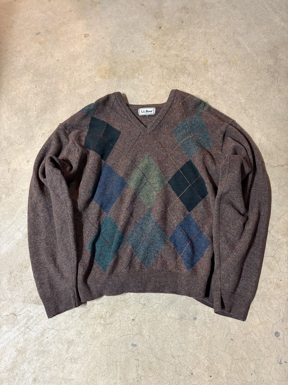 L.L. Bean Vintage 80’s L.L. Bean Argyle Lamb Wool Sweater V-Neck Brown Size US XL / EU 56 / 4 - 1 Thumbnail