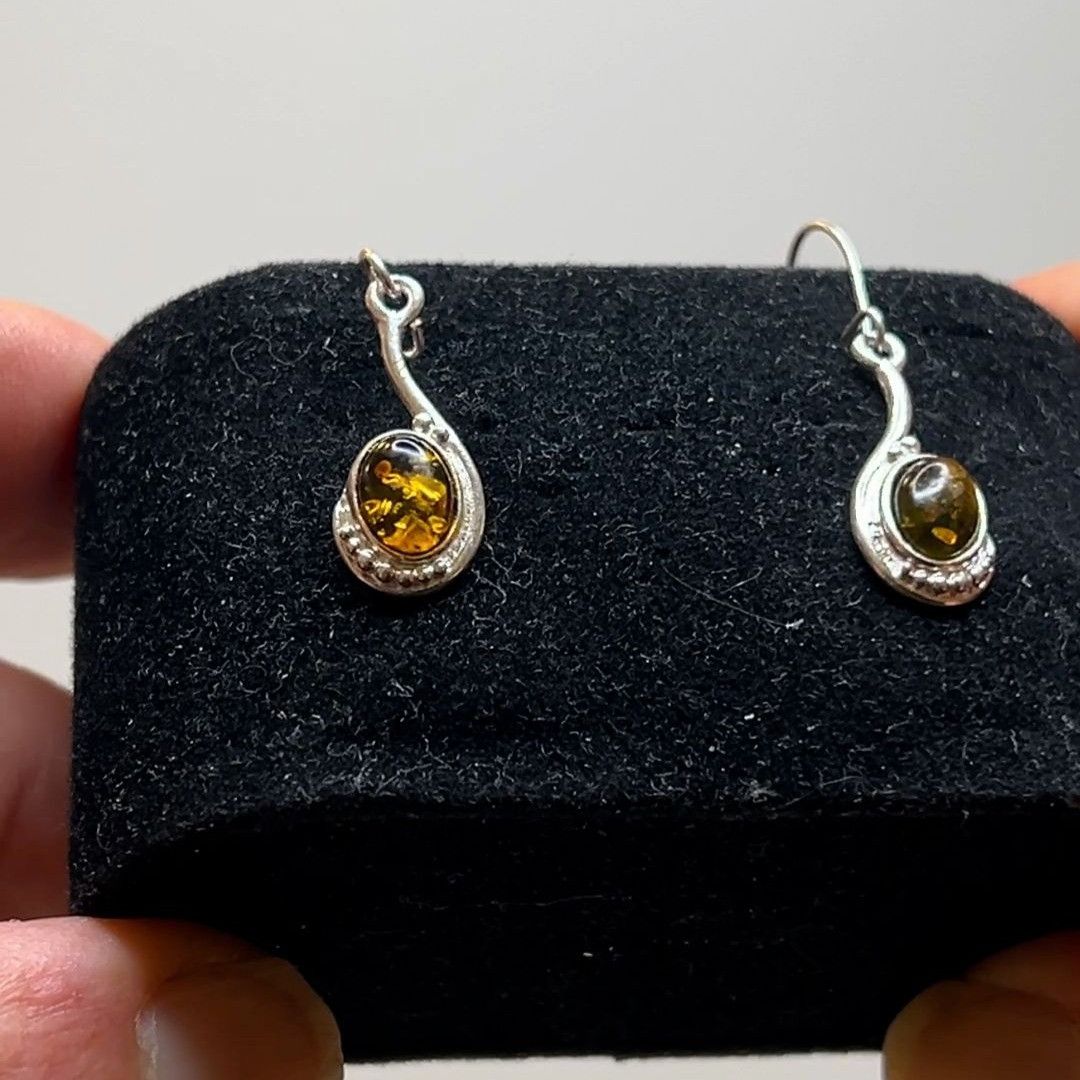 Designer Sterling Silver 925 Green Amber Drop Dangle Earrings Size ONE SIZE - 3 Thumbnail