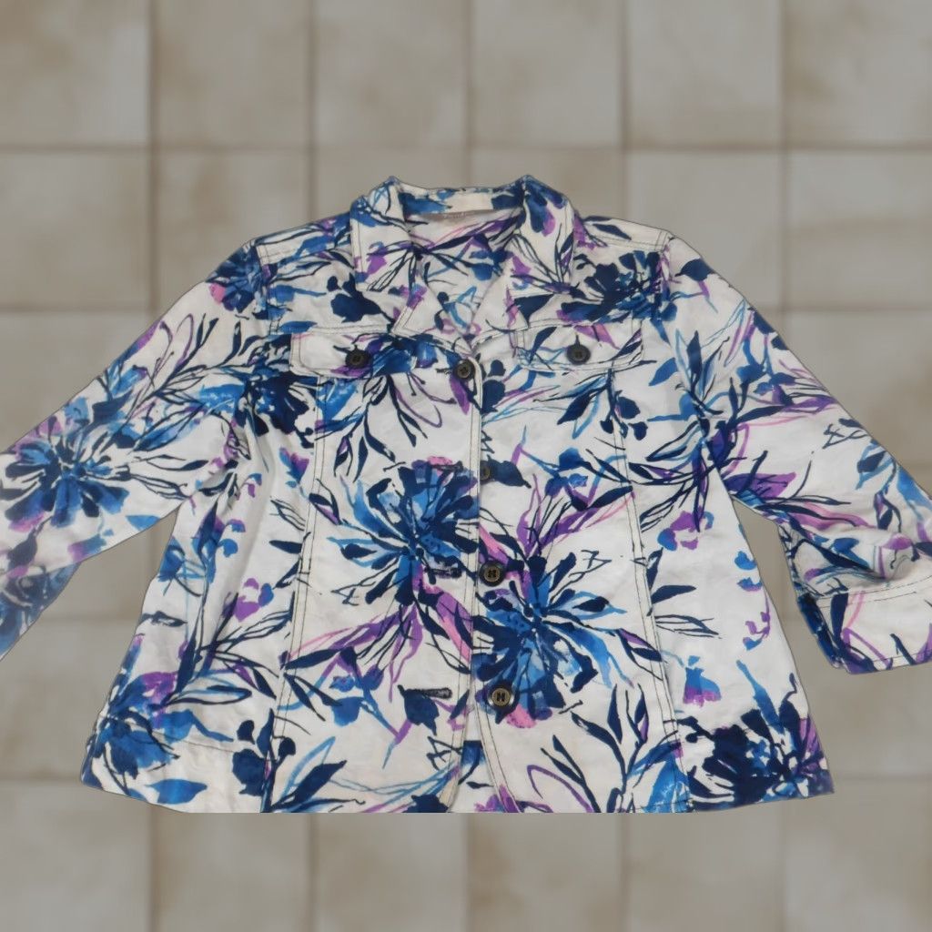 Vintage Tanjay Womens Jacket 6P Floral Button Down Collar Blue Knit Embroidered Solid Long Sleeve Mid-Length Casual Fall Spring 6P Petite Womens Jacket Size M / US 6-8 / IT 42-44 - 1 Thumbnail