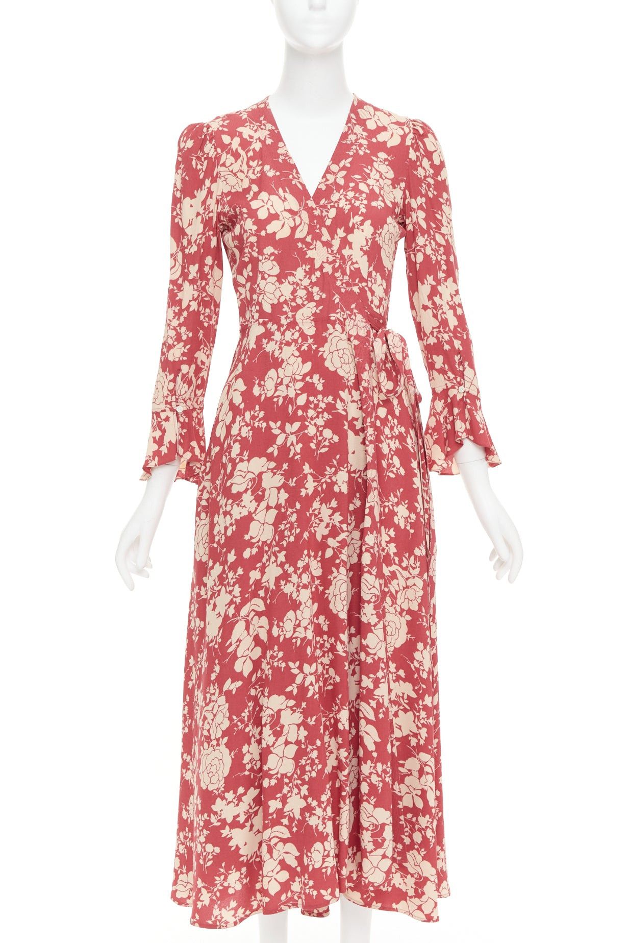 Polo Ralph Lauren POLO RALPH LAUREN red beige floral print flare sleeve wrap dress US2 S Size S / US 4 / IT 40 - 1 Thumbnail