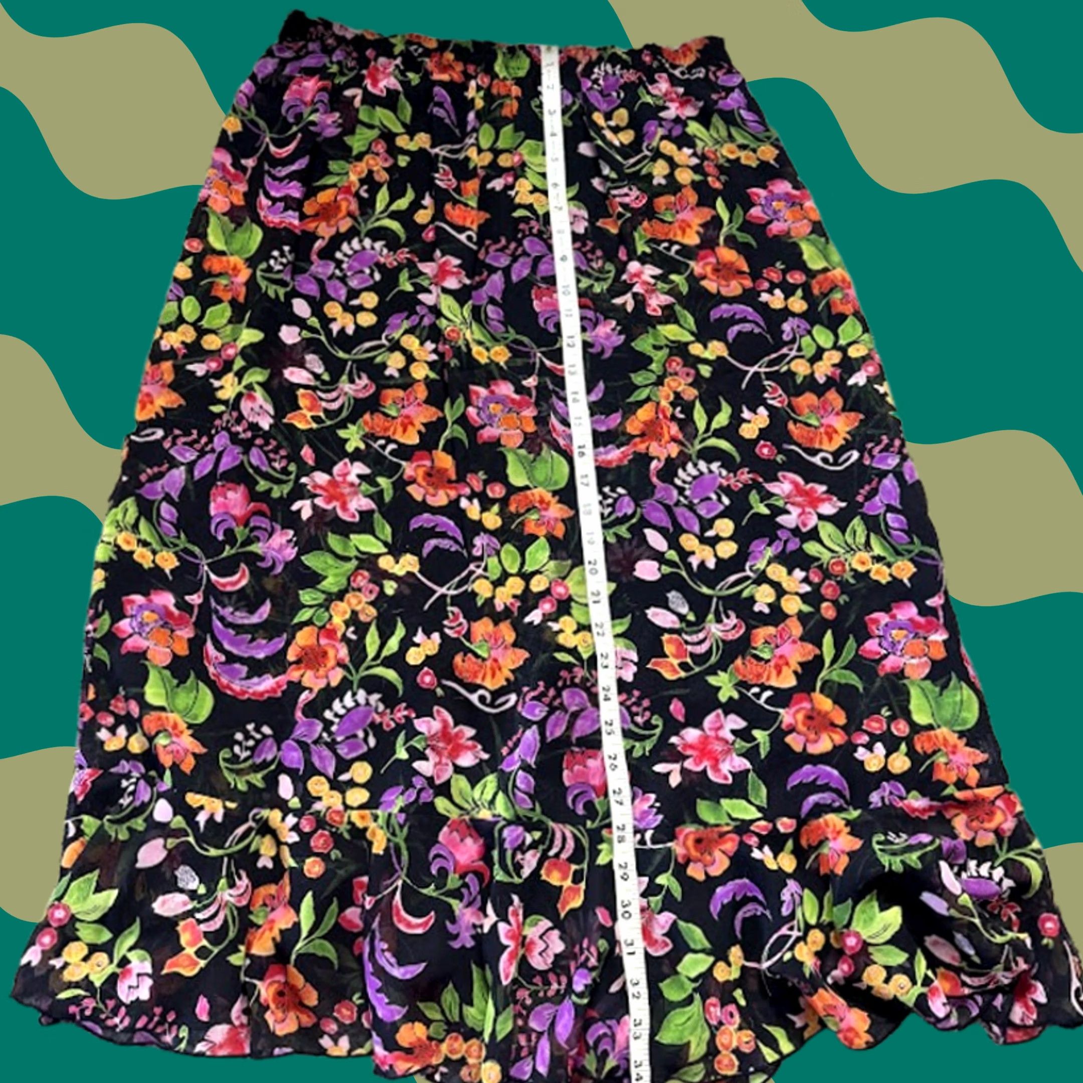 Vintage VINTAGE Floral Pull On High Waisted A-Line Maxi Skirt Bohemian Summer Black Multi Womens L Long Floral Size 36" / US 14 / IT 50 - 1 Thumbnail