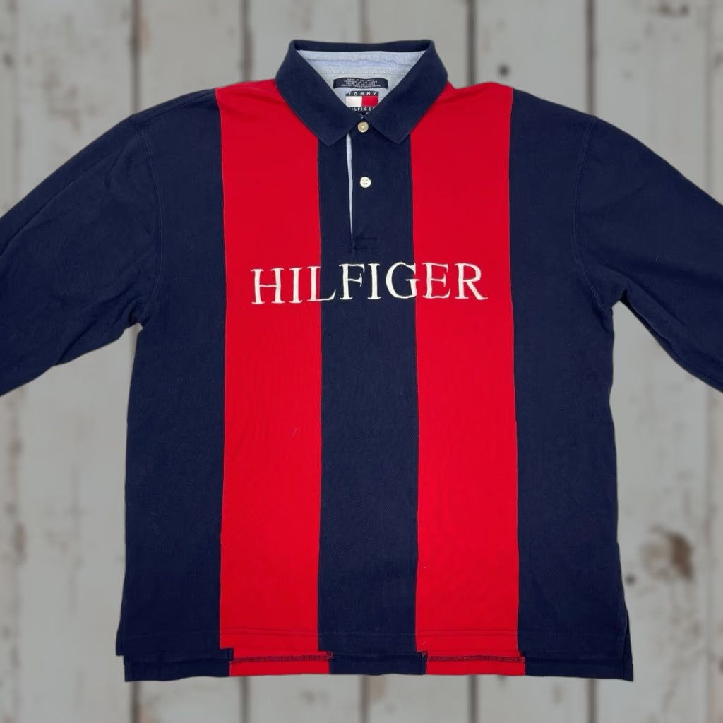 VINTAGE Tommy Hilfiger Color Block Polo Shirt XL Men Red Navy Long Sleeve Logo 100% Cotton Knit Regular fit