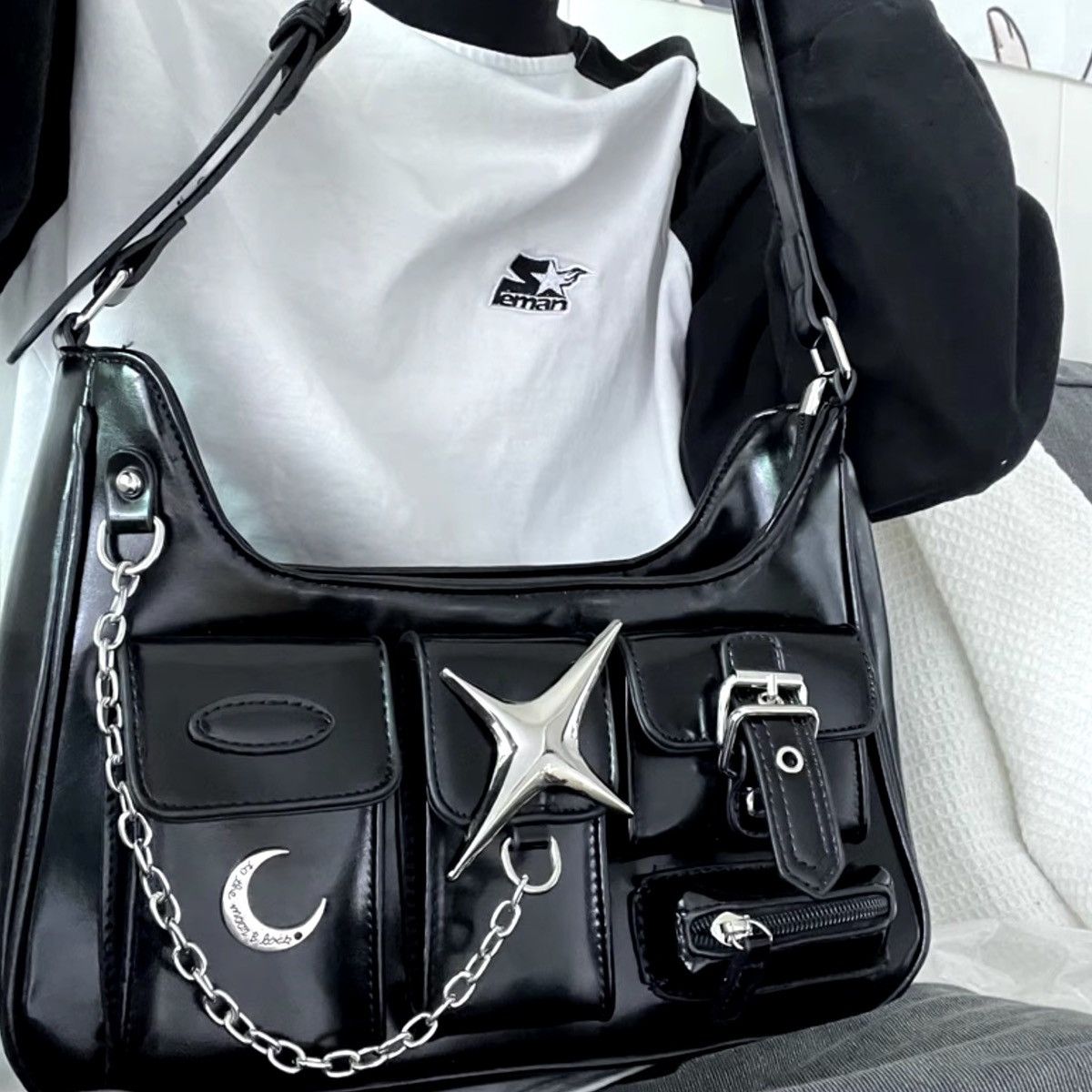 Other Gothic Punk Star Classic Black Shoulder Bag PU Leather Size ONE SIZE - 3 Thumbnail