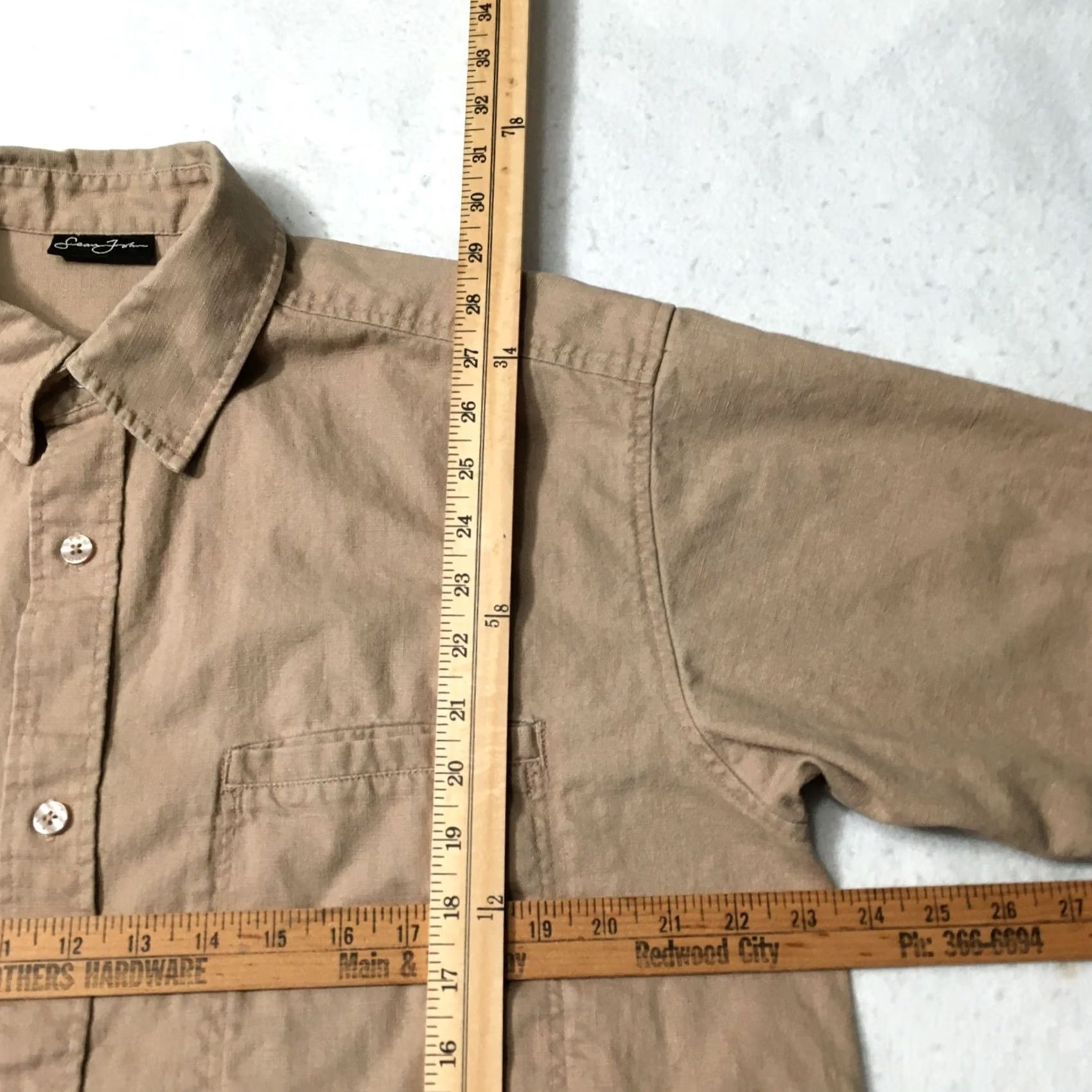 Sean John Sean John Mens Shirt Short Sleeve Button Front Linen Cotton Khaki Canvas Beige Size US M / EU 48-50 / 2 - 5 Thumbnail