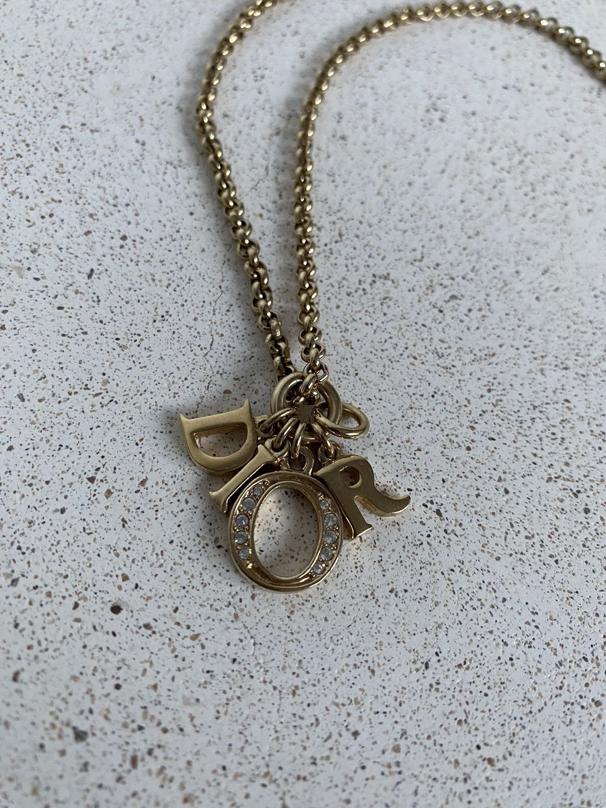 Dior × Vintage Christian Dior Logo Letters Motif Necklace Gold Rhinestones Size ONE SIZE - 2 Thumbnail