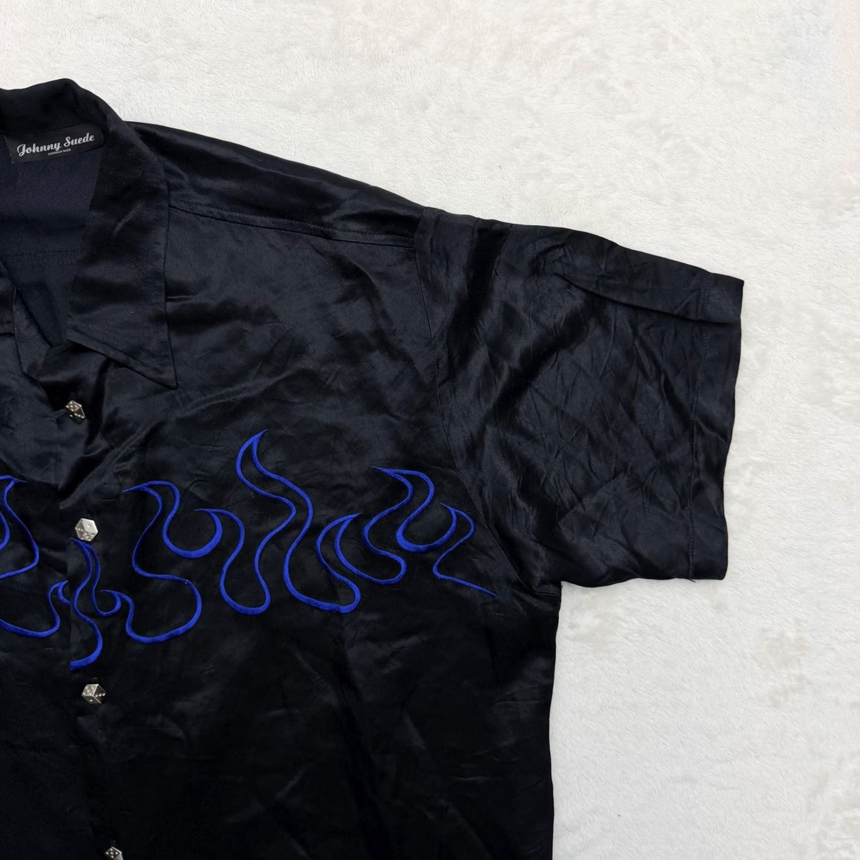 Vintage VINTAGE Johnny Suede Shirt Mens 2XL Black Satin Flame Embroidered Rock USA Button Up Size US XXL / EU 58 / 5 - 3 Thumbnail