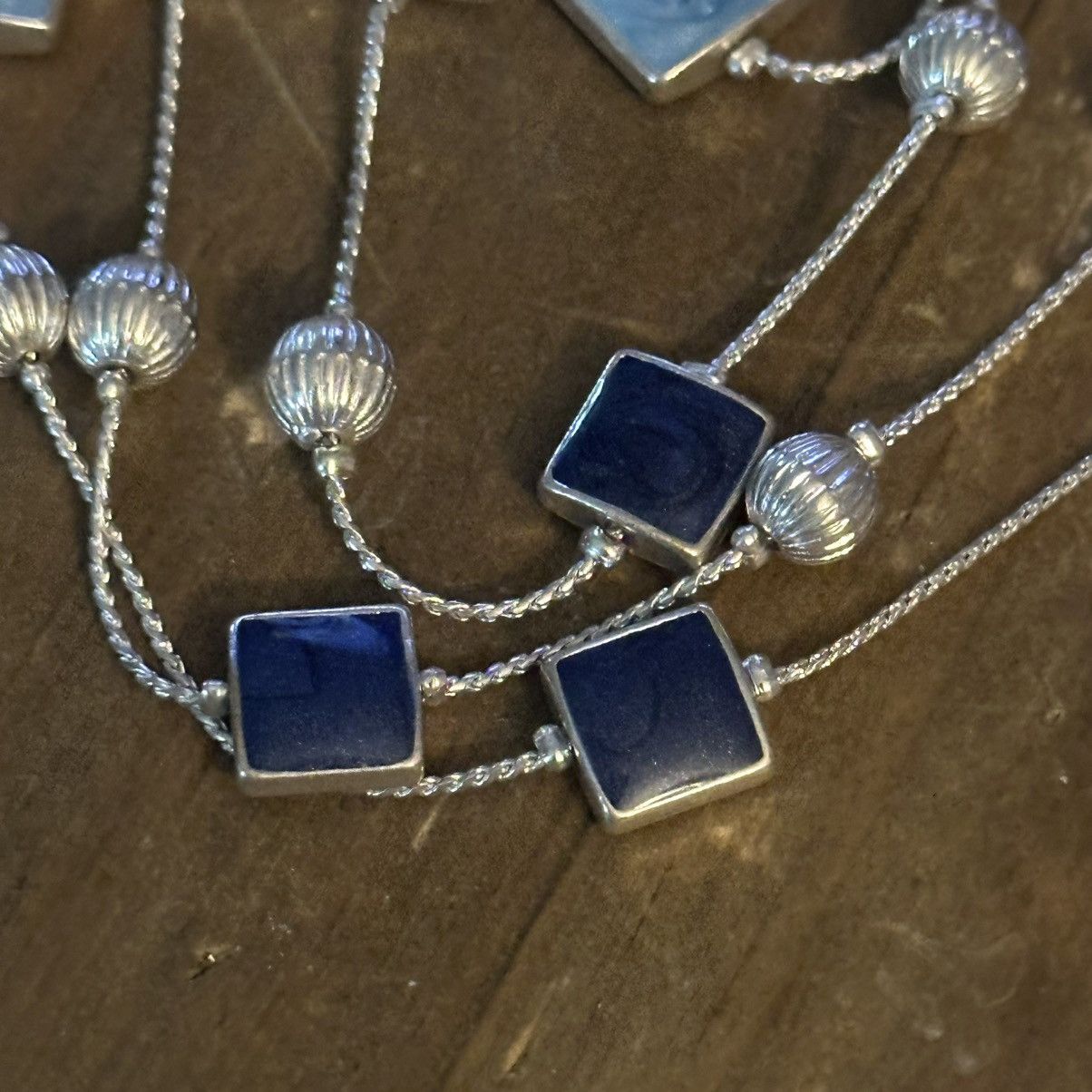 Other Long silver tone double layered station blue tiles necklace Size ONE SIZE - 5 Thumbnail