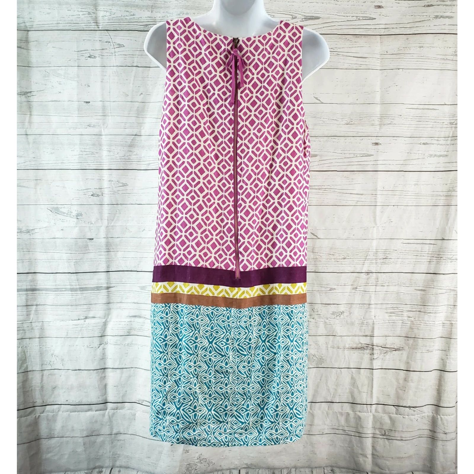 Loft LOFT Ann Taylor Womens Dress Sleeveless Linen Zip Pink Teal Size 8 Short 34.5" 18" Length Round Neck Shirt/Shift Womens Size M / US 6-8 / IT 42-44 - 4 Thumbnail