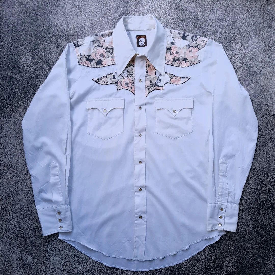 Designer Karman White Floral Western Shirt Size US S / EU 44-46 / 1 - 1 Thumbnail