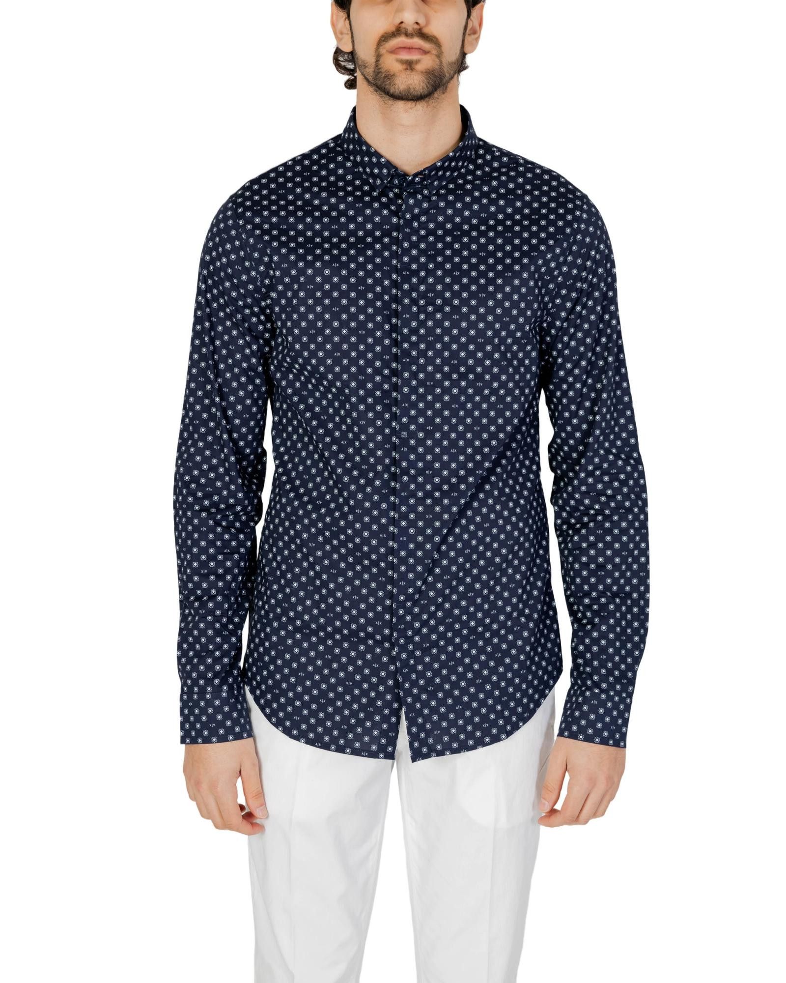 image of Armani Exchange Printed Long Sleeve Shirt in Blue, Men's (Size Small)