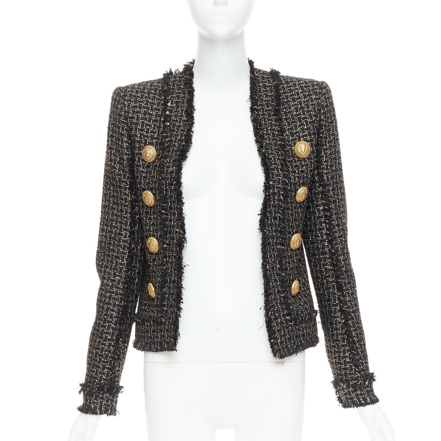 Balmain BALMAIN black gold tweed gold lion head buttons power jacket FR34 XS Size XS / US 0-2 / IT 36-38 - 1 Thumbnail