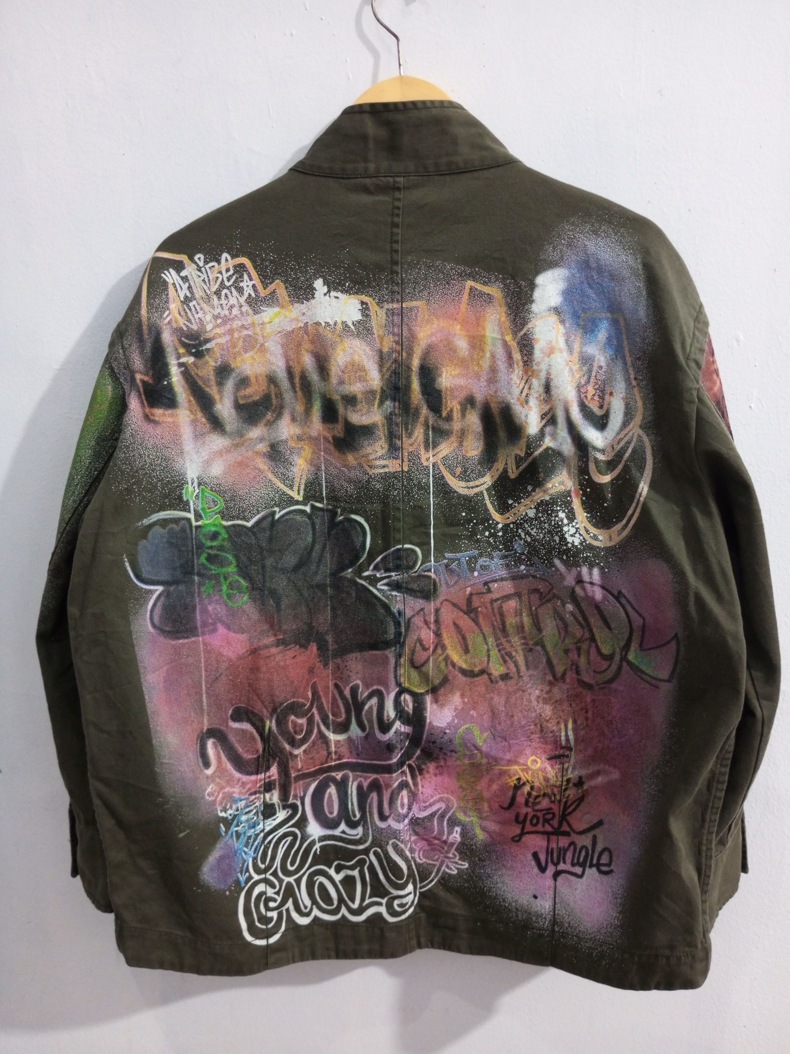 image of Vintage x Zara Army Green Graffiti Jacket, Women's (Size Large)