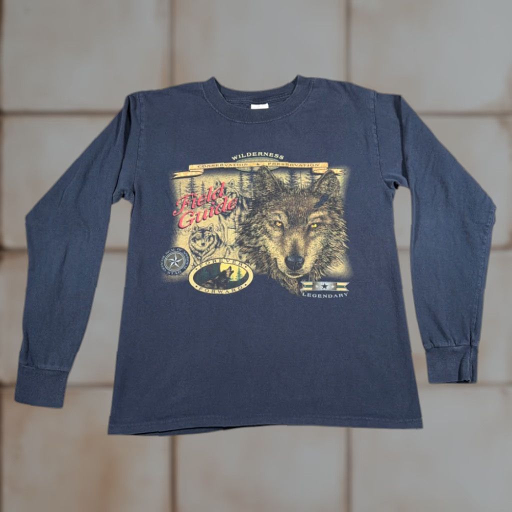 Vintage VINTAGE Outdoor Gear Wolf Shirt Adult MEDIUM Blue 90s Nature Conservation Wilderness Wolves Long Sleeve Crew Neck Cotton T-Shirt Mens Size US M / EU 48-50 / 2 - 1 Thumbnail