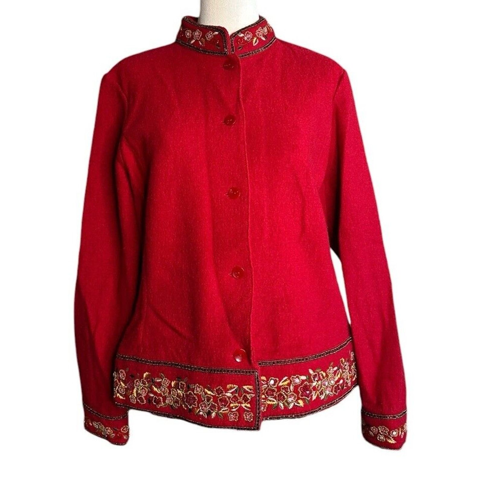 Other Vintage Talbots Red Boiled Wool Sweater Jacket Beaded Sz PL Size L / US 10 / IT 46 - 1 Thumbnail